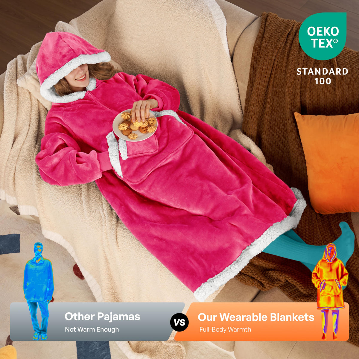 Joyfy Wearable Blanket Hoodie for Women Men Gifts for Women Mom Wife Sherpa Fleece Long Hooded Blanket Sweatshirt Cozy Sherpa Wearable Throw with Pocket & Sleeves for Adult Standard