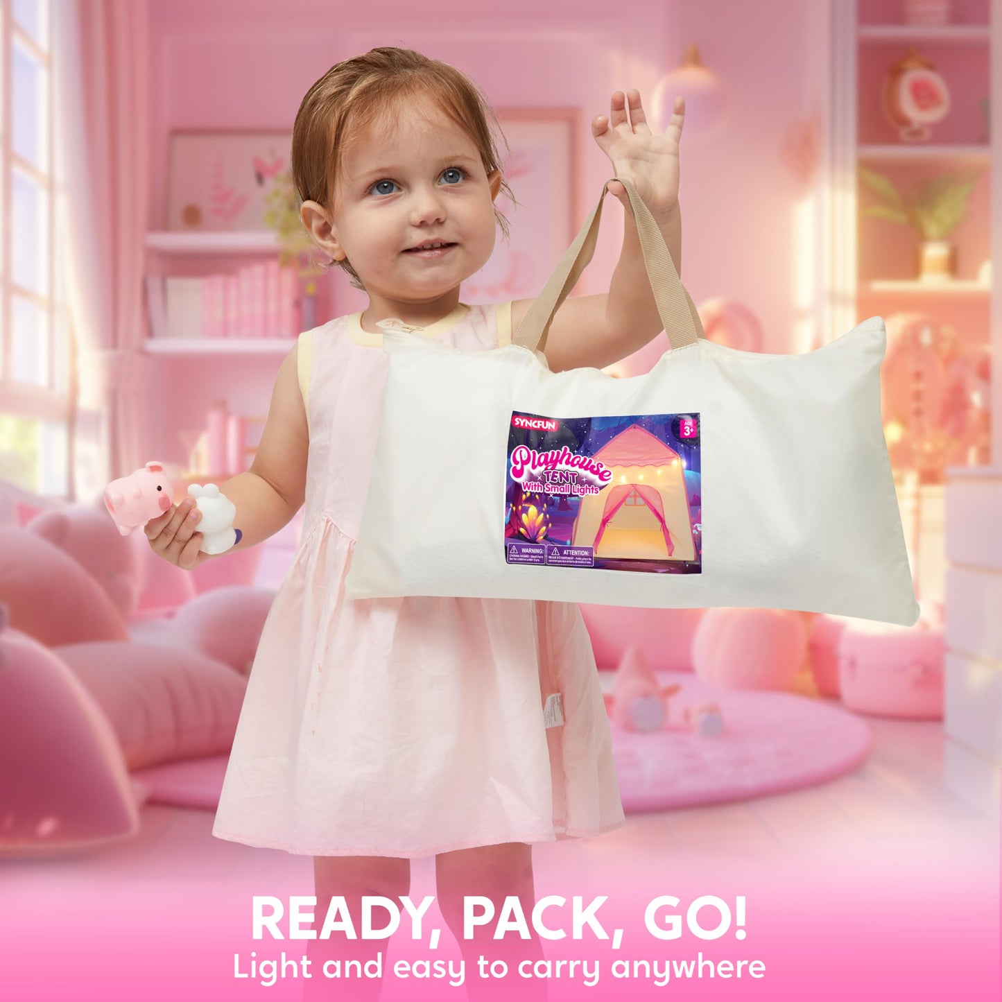 Joyfy Pink Play Tent for Girls Large Playhouse with Star Light Kids Castle Tent for Indoor and Outdoor Games