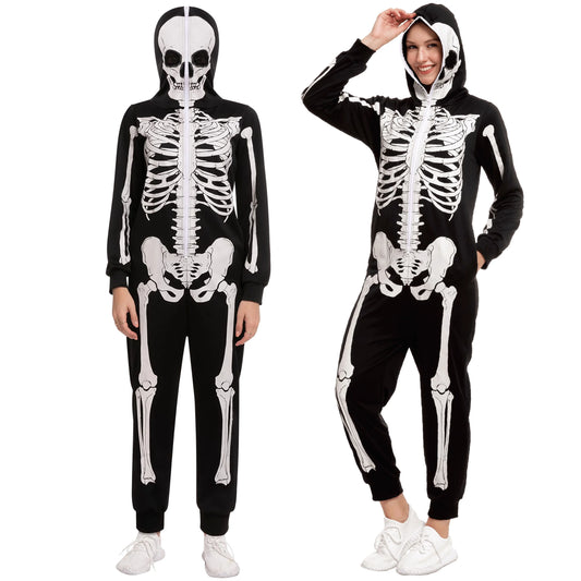 Joyfy Skeleton Bodysuit Pajama Set Adult Women's Halloween Costume, Halloween Theme Party, Black, Suitable for Halloween Dress Up Party