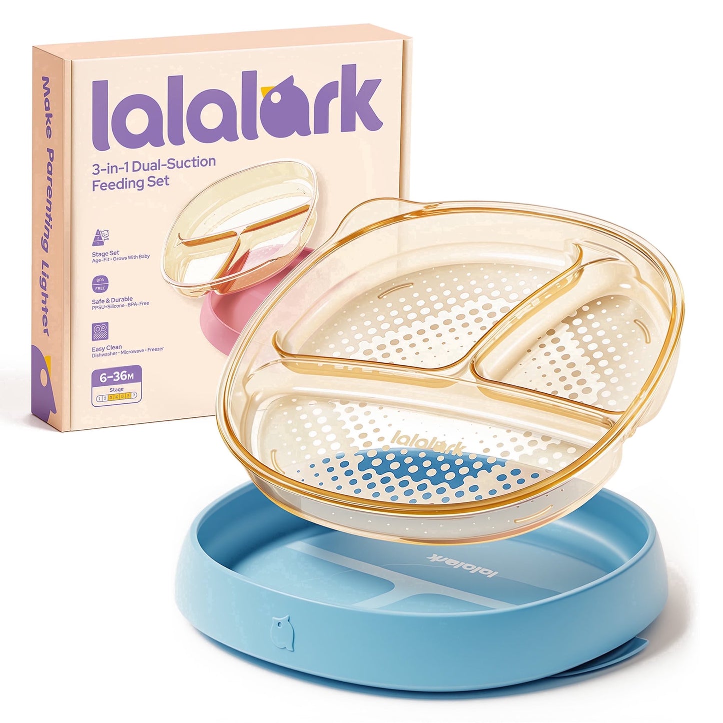 lalalark 3-in-1 Baby Suction Plate for for Toddlers 6-36 Months,Safe Grip Dishes for Toddlers Self Feeding Training