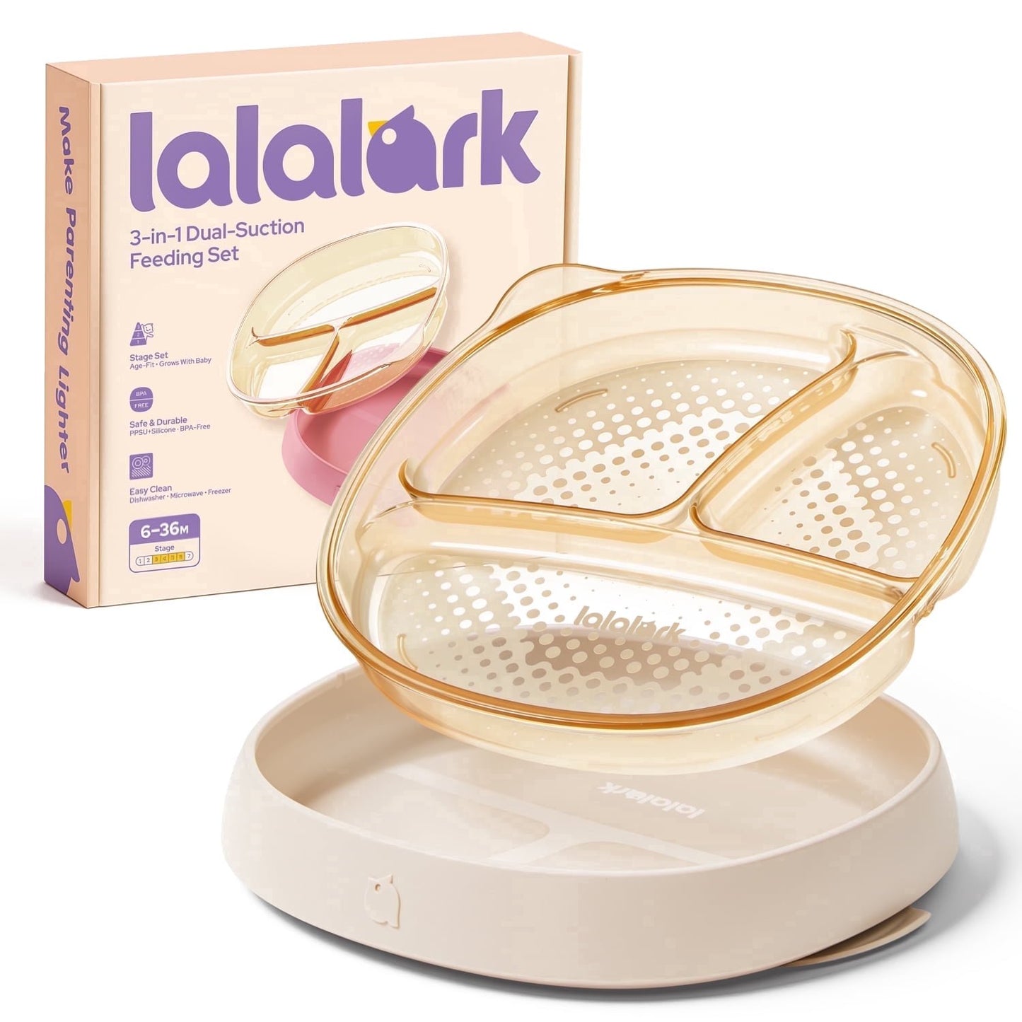 lalalark 3-in-1 Baby Suction Plate for for Toddlers 6-36 Months,Safe Grip Dishes for Toddlers Self Feeding Training£¬3 Pack