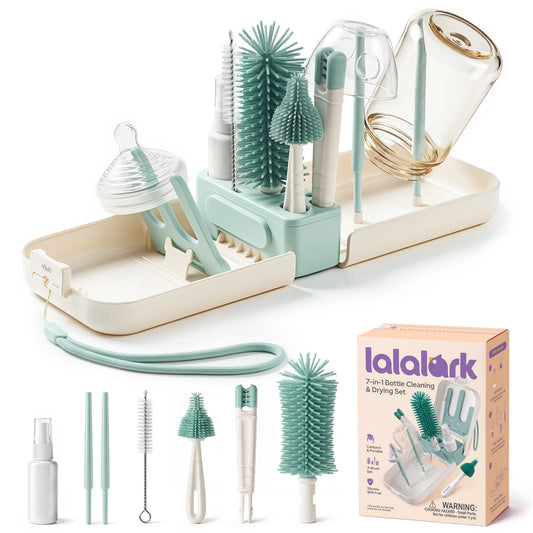 lalalark 7-in-1 Foldable Baby Bottle Brush Set – BPA Free Silicone Travel Cleaning Kit with Storage Case, Compact for Home & Portable Use, Green