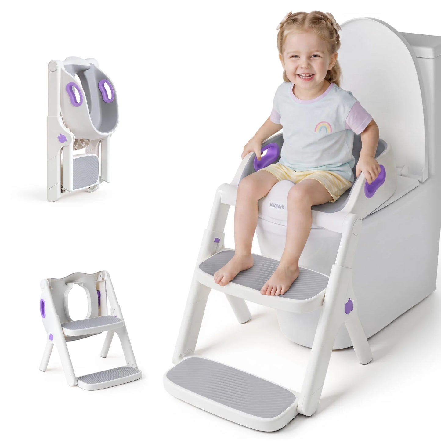 lalalark Potty Training Seat, 2-in-1 Toddler Toilet Seat with Steps, Upgrade Potty Step Stool for Toddler with Anti-Slip Pad Step Stool, Extended Splash Guard,Purple