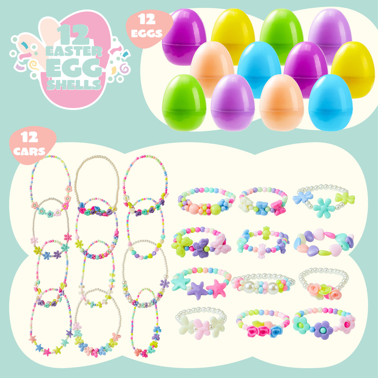 Joyfy 12 Pack Prefilled Easter Eggs with Toys,Easter Eggs Filled with Necklaces and Bracelets Girls Jewelry Set for Easter Basket Stuffers and Classroom Exchange Party Favors