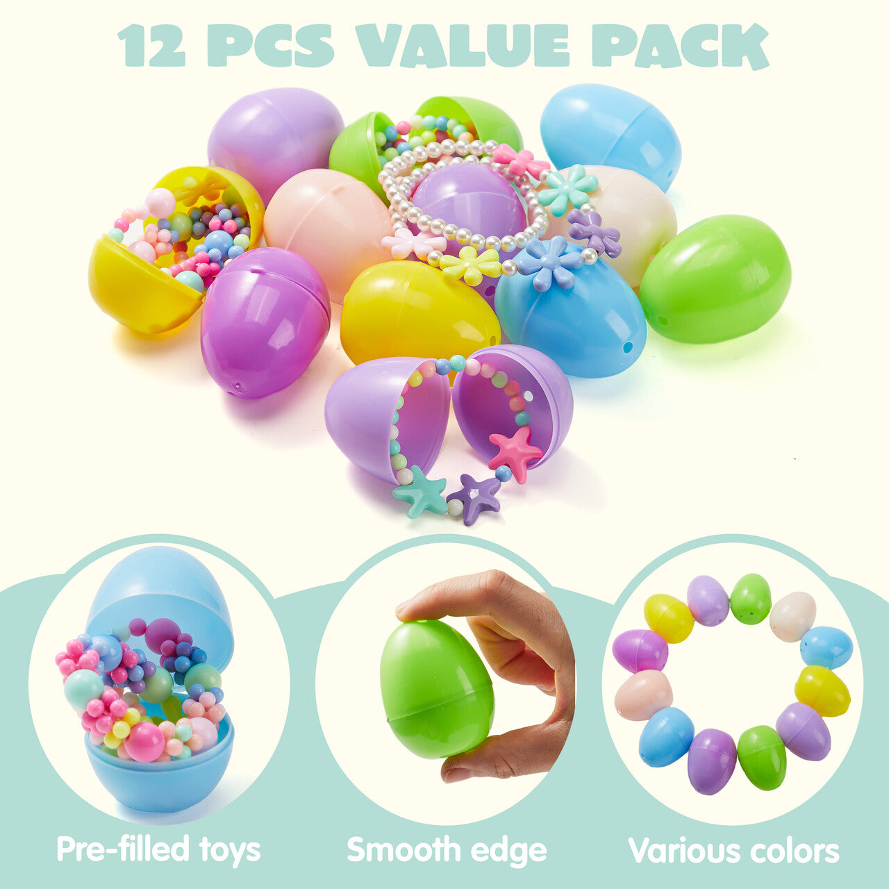Joyfy 12 Pack Prefilled Easter Eggs with Toys,Easter Eggs Filled with Necklaces and Bracelets Girls Jewelry Set for Easter Basket Stuffers and Classroom Exchange Party Favors