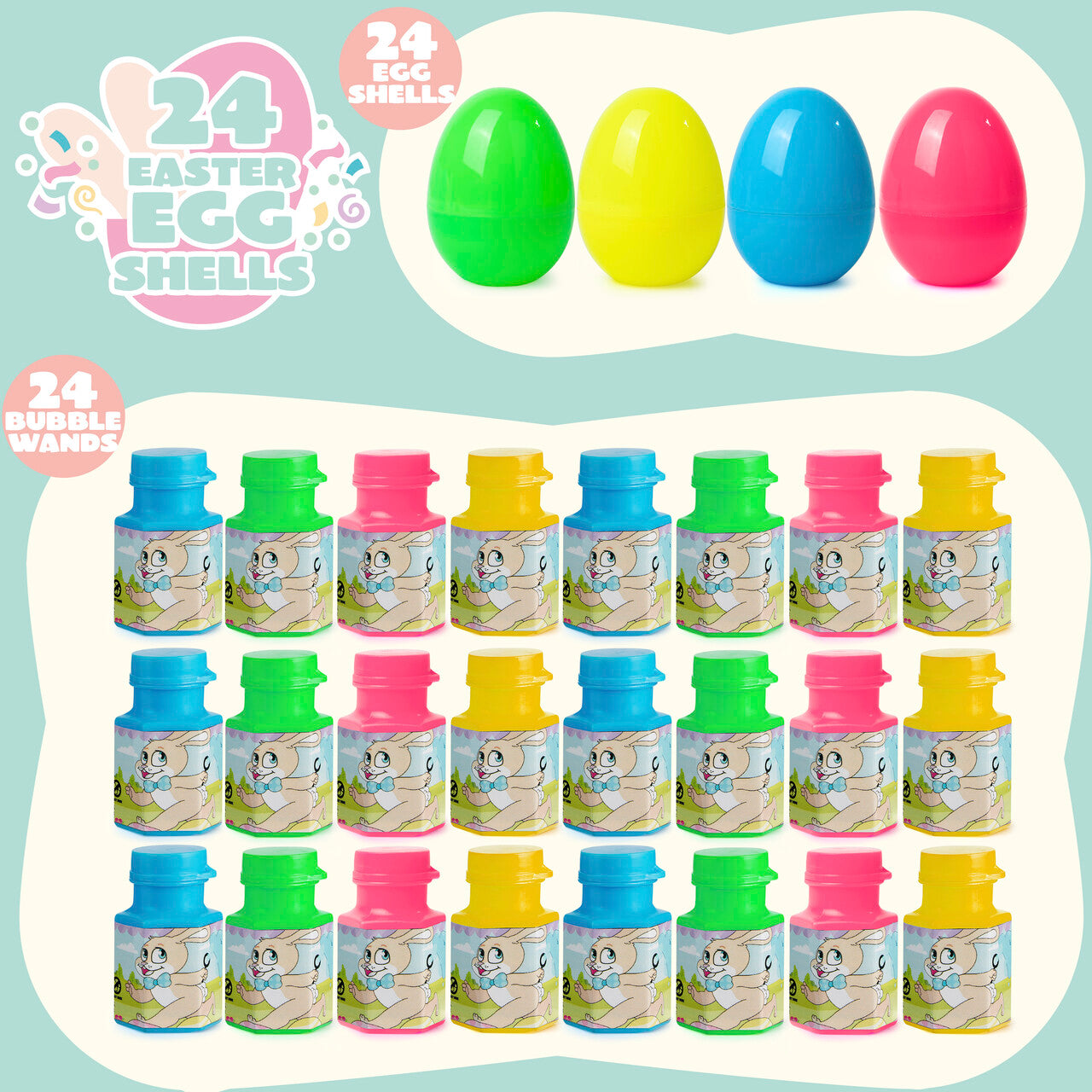 Joyfy 48 Pcs Prefilled Easter Eggs with Toys (24 Bubble Wands and 24 Eggs),Bubble for Easter Basket Stuffers,Easter Baskets for Kids,Easter Eggs Hunt,Bubbles for Toddlers 1-3