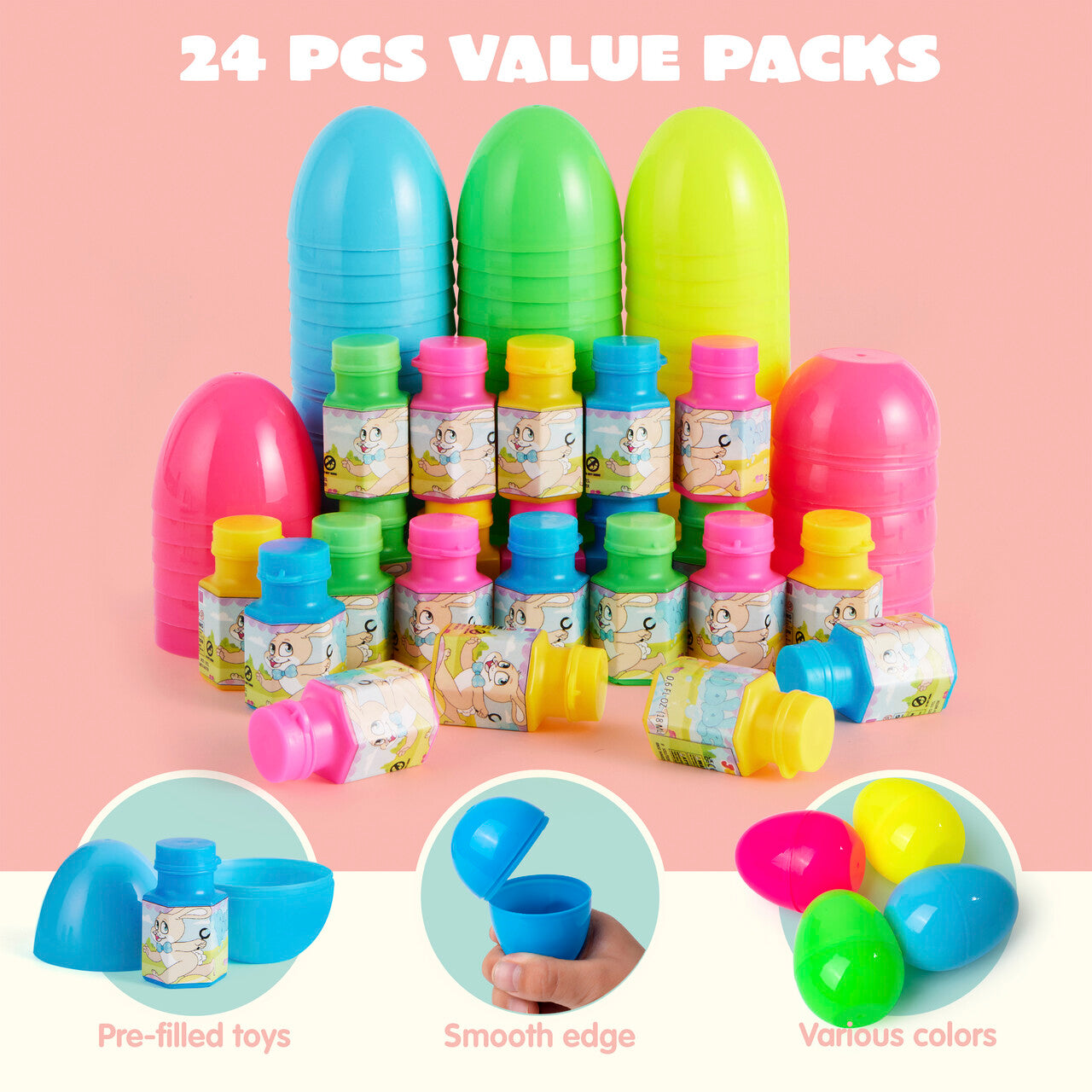 Joyfy 48 Pcs Prefilled Easter Eggs with Toys (24 Bubble Wands and 24 Eggs),Bubble for Easter Basket Stuffers,Easter Baskets for Kids,Easter Eggs Hunt,Bubbles for Toddlers 1-3