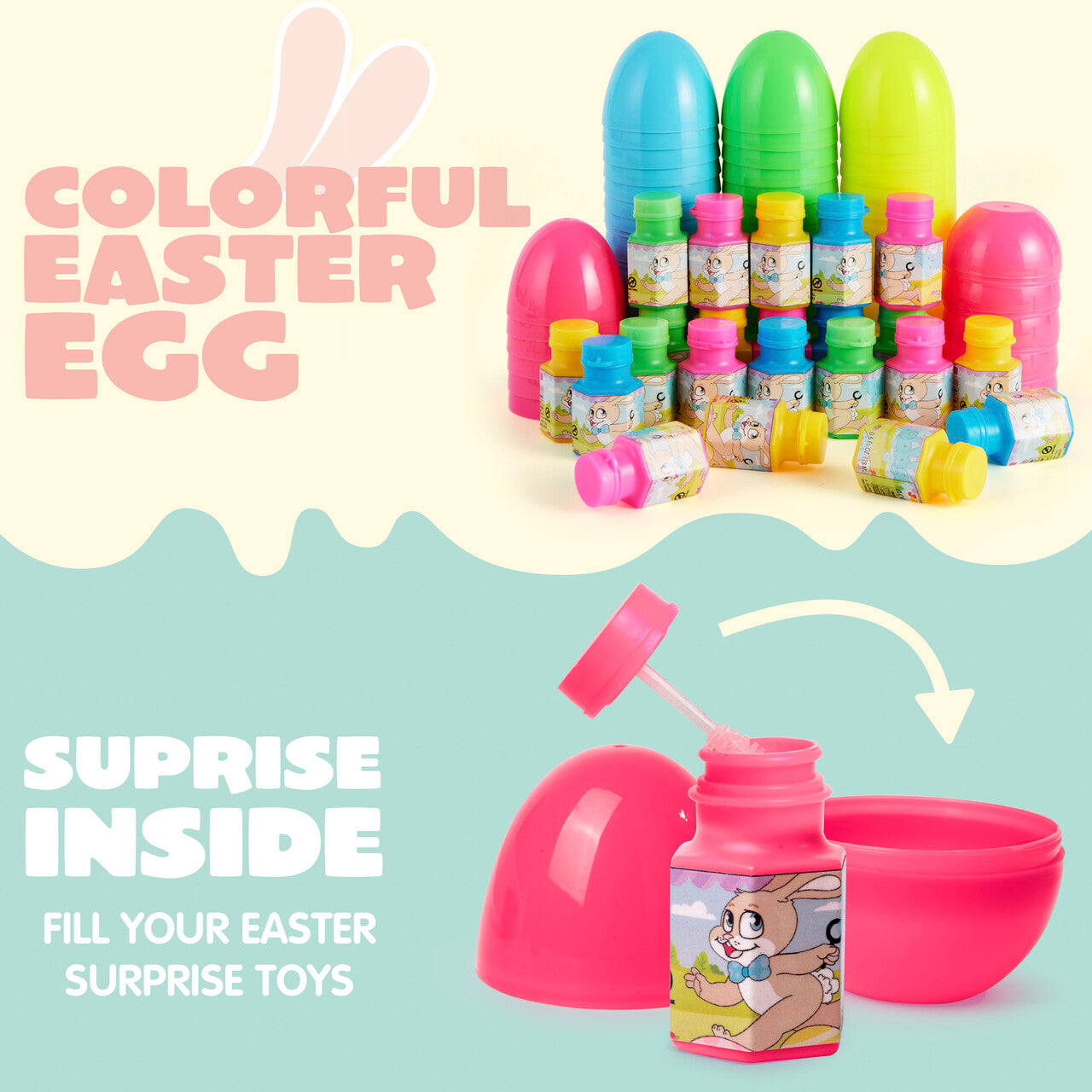 Joyfy 48 Pcs Prefilled Easter Eggs with Toys (24 Bubble Wands and 24 Eggs),Bubble for Easter Basket Stuffers,Easter Baskets for Kids,Easter Eggs Hunt,Bubbles for Toddlers 1-3