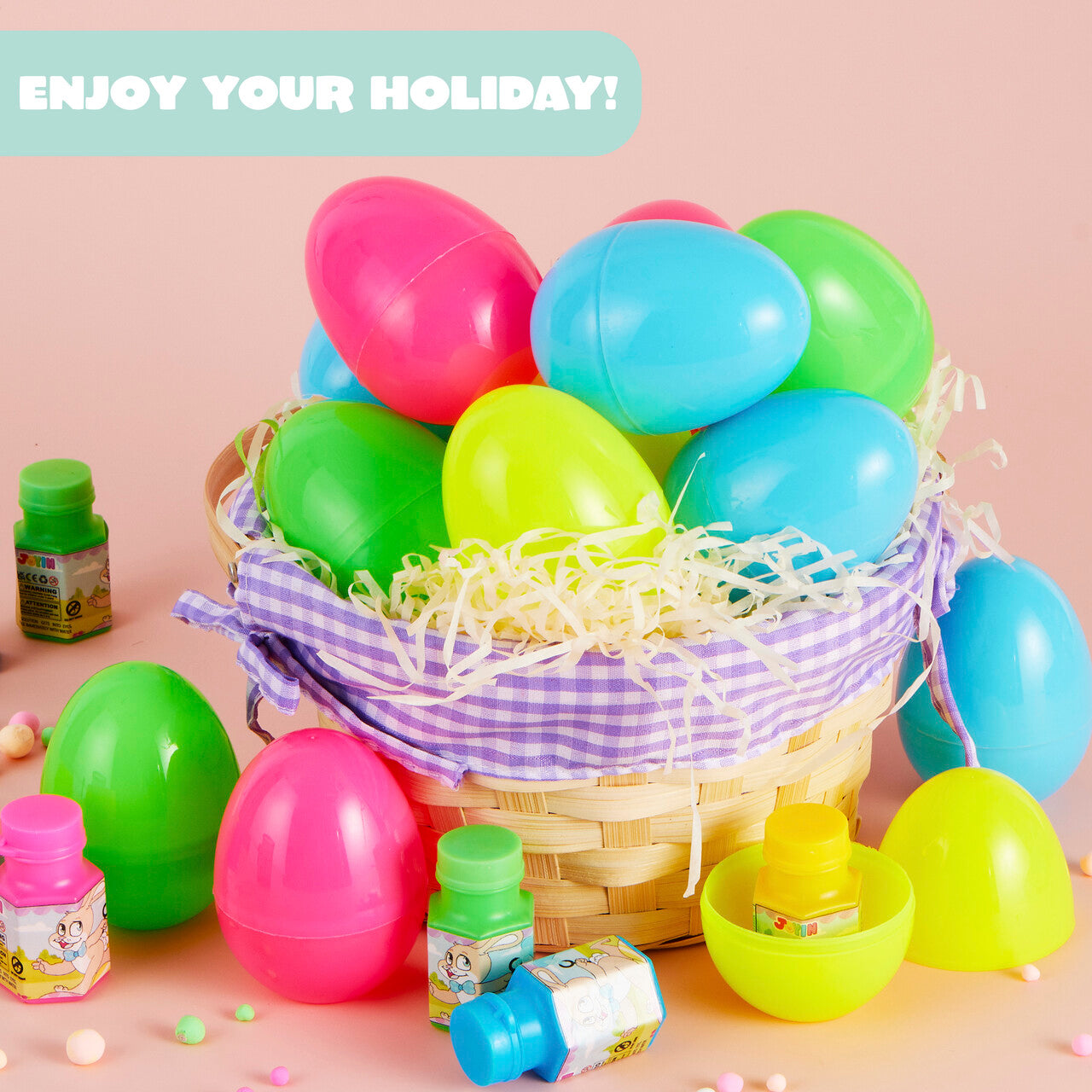 Joyfy 48 Pcs Prefilled Easter Eggs with Toys (24 Bubble Wands and 24 Eggs),Bubble for Easter Basket Stuffers,Easter Baskets for Kids,Easter Eggs Hunt,Bubbles for Toddlers 1-3