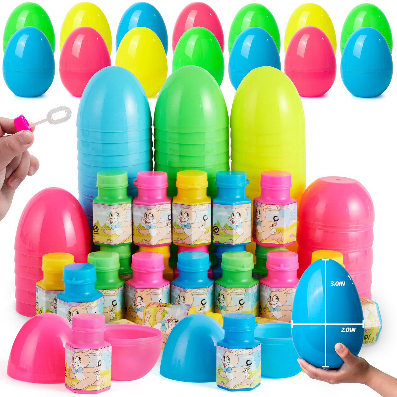 Joyfy 48 Pcs Prefilled Easter Eggs with Toys (24 Bubble Wands and 24 Eggs),Bubble for Easter Basket Stuffers,Easter Baskets for Kids,Easter Eggs Hunt,Bubbles for Toddlers 1-3