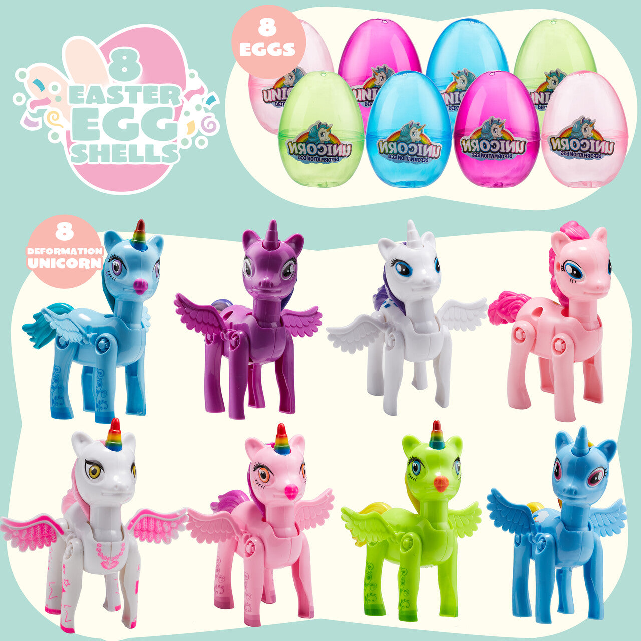 SYNCFUN 8 Pcs Easter Basket Stuffers with Unicorn Deformation Toys,3.5" Easter Exchange Toy for Girls Toddlers Kids,Classroom Prize Supplies,Birthday Gifts
