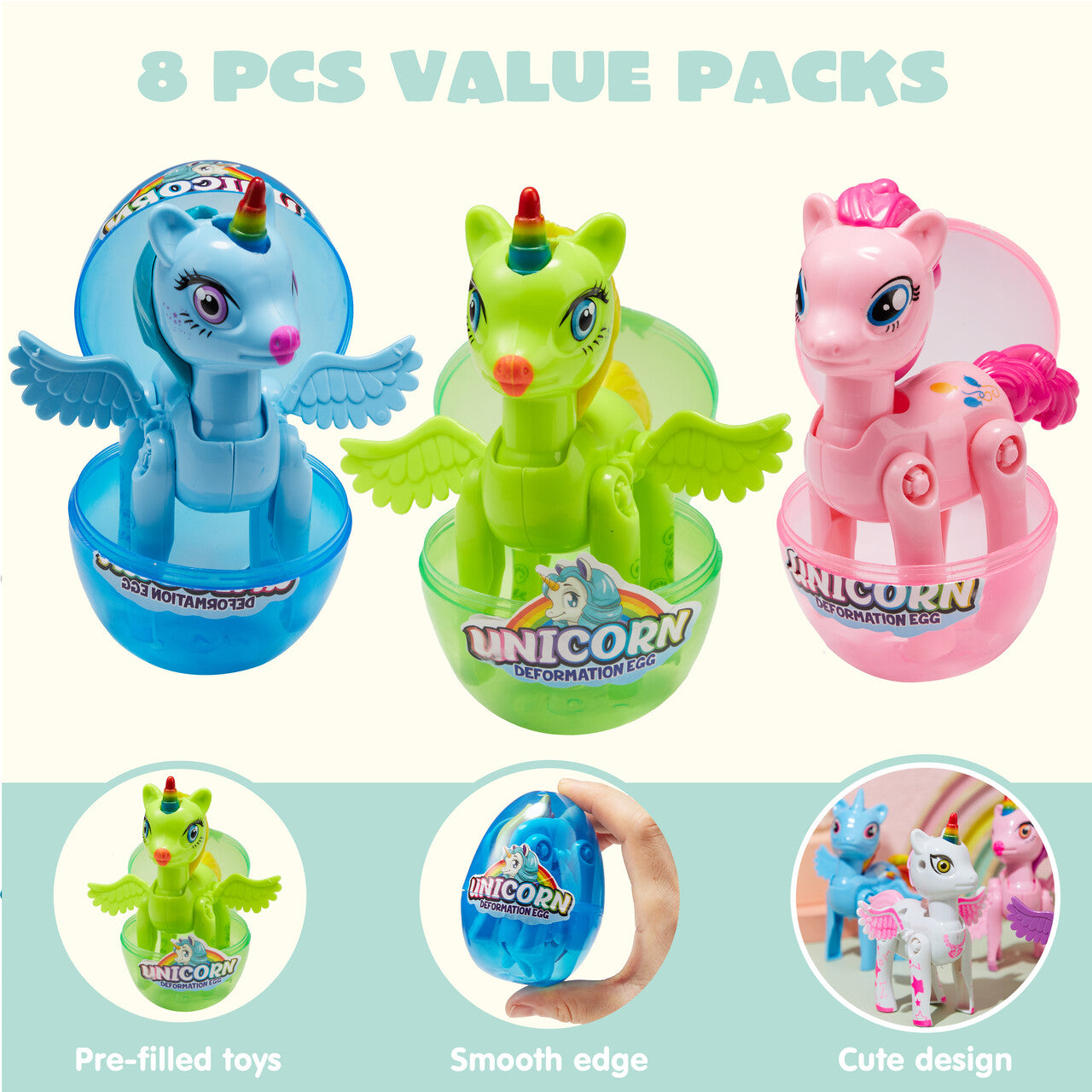 SYNCFUN 8 Pcs Easter Basket Stuffers with Unicorn Deformation Toys,3.5" Easter Exchange Toy for Girls Toddlers Kids,Classroom Prize Supplies,Birthday Gifts