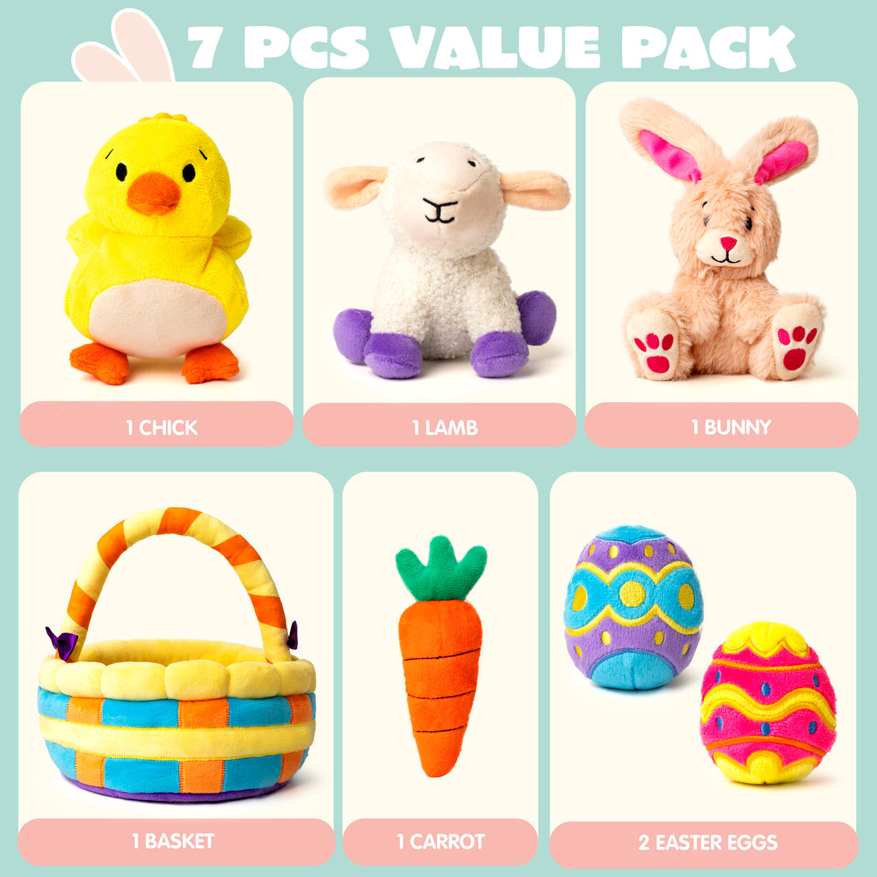 SYNCFUN 7 Pcs Easter Basket,Easter Toys,Easter Bunny Playset Stuffers Plushies Basket Fillers for Party Favor, Soft Plush for Toddler & Kids of All Ages
