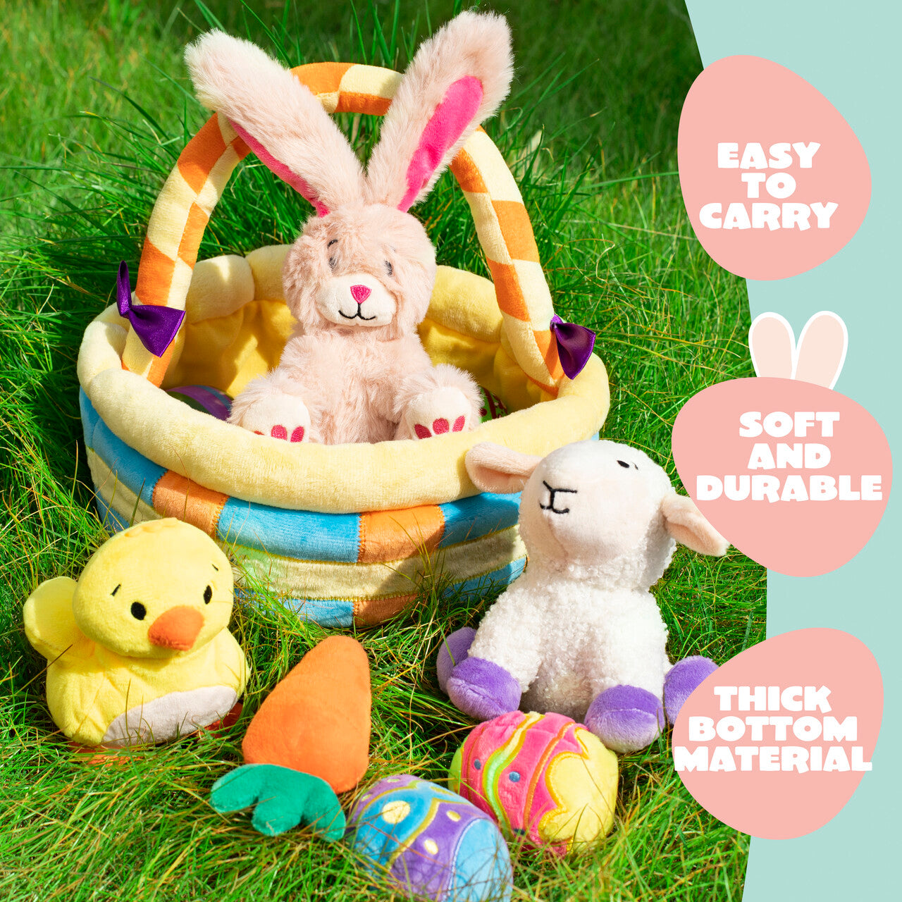 SYNCFUN 7 Pcs Easter Basket,Easter Toys,Easter Bunny Playset Stuffers Plushies Basket Fillers for Party Favor, Soft Plush for Toddler & Kids of All Ages
