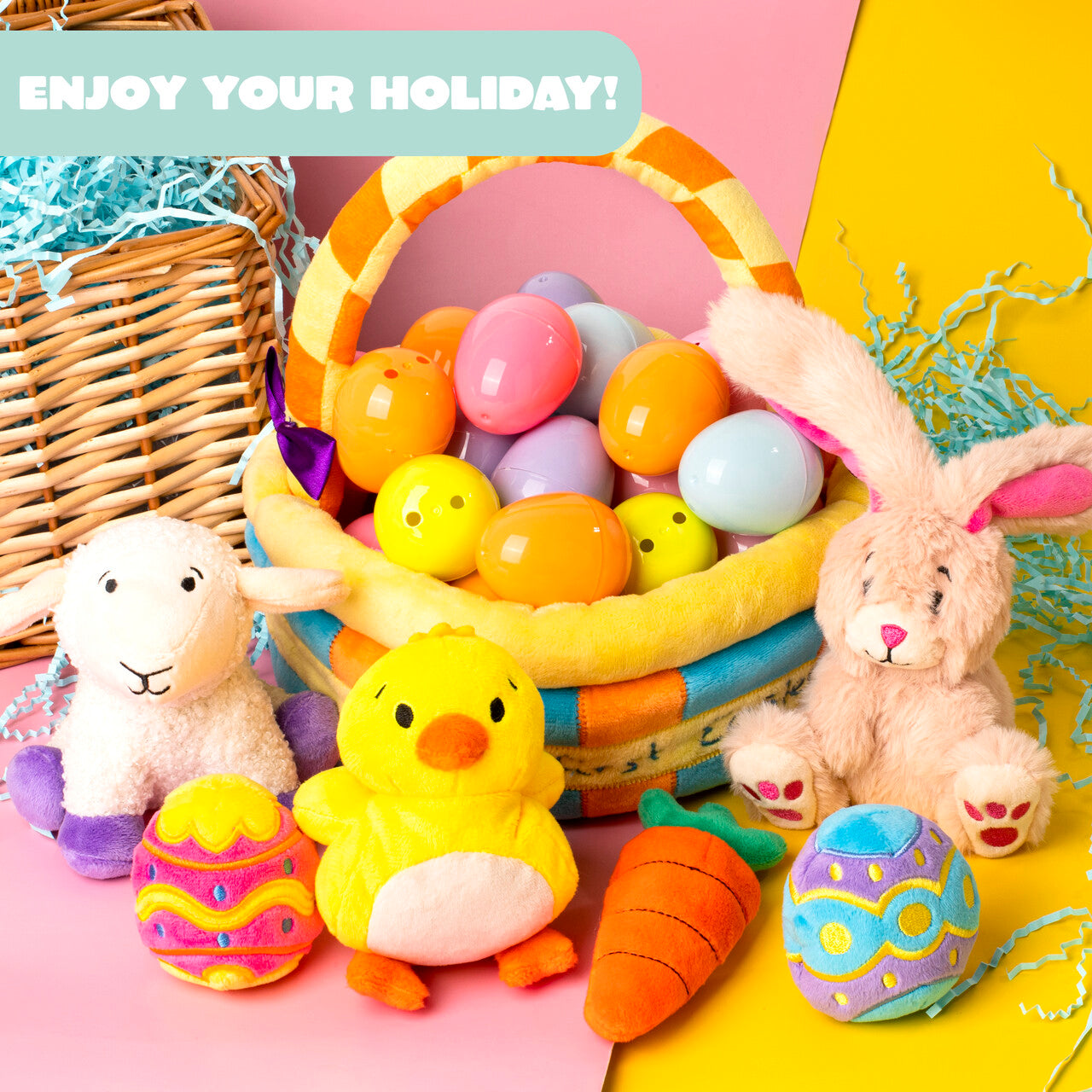 SYNCFUN 7 Pcs Easter Basket,Easter Toys,Easter Bunny Playset Stuffers Plushies Basket Fillers for Party Favor, Soft Plush for Toddler & Kids of All Ages