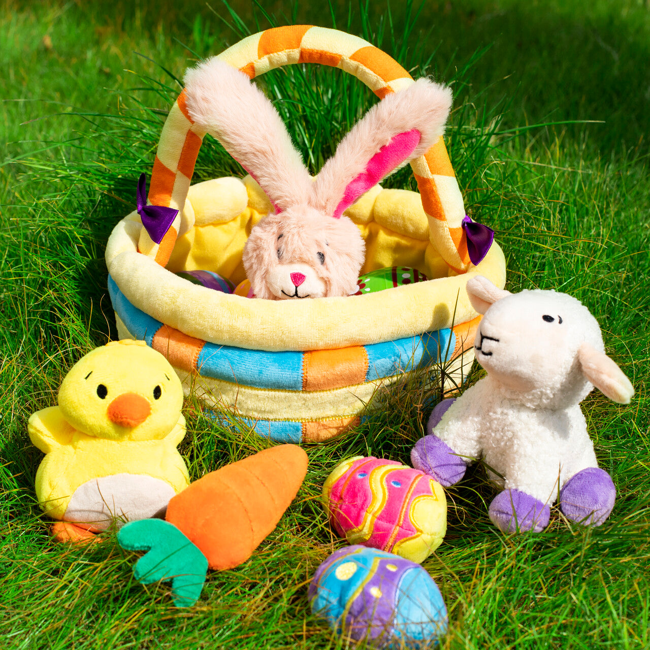 SYNCFUN 7 Pcs Easter Basket,Easter Toys,Easter Bunny Playset Stuffers Plushies Basket Fillers for Party Favor, Soft Plush for Toddler & Kids of All Ages