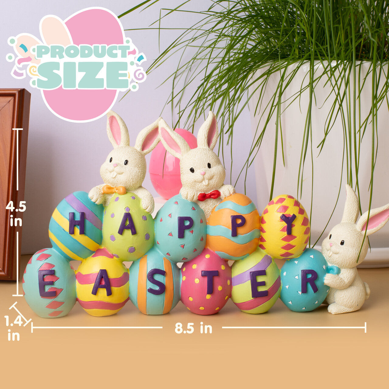 Syncfun Easter Bunny Table Decor, Resin Bunny Eggs Centerpiece Decor Tabletop Ornaments Figurines for Home, Office, Party Holiday Decoration 4.5 x 8.5 in