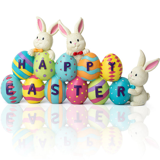 Syncfun Easter Bunny Table Decor, Resin Bunny Eggs Centerpiece Decor Tabletop Ornaments Figurines for Home, Office, Party Holiday Decoration 4.5 x 8.5 in