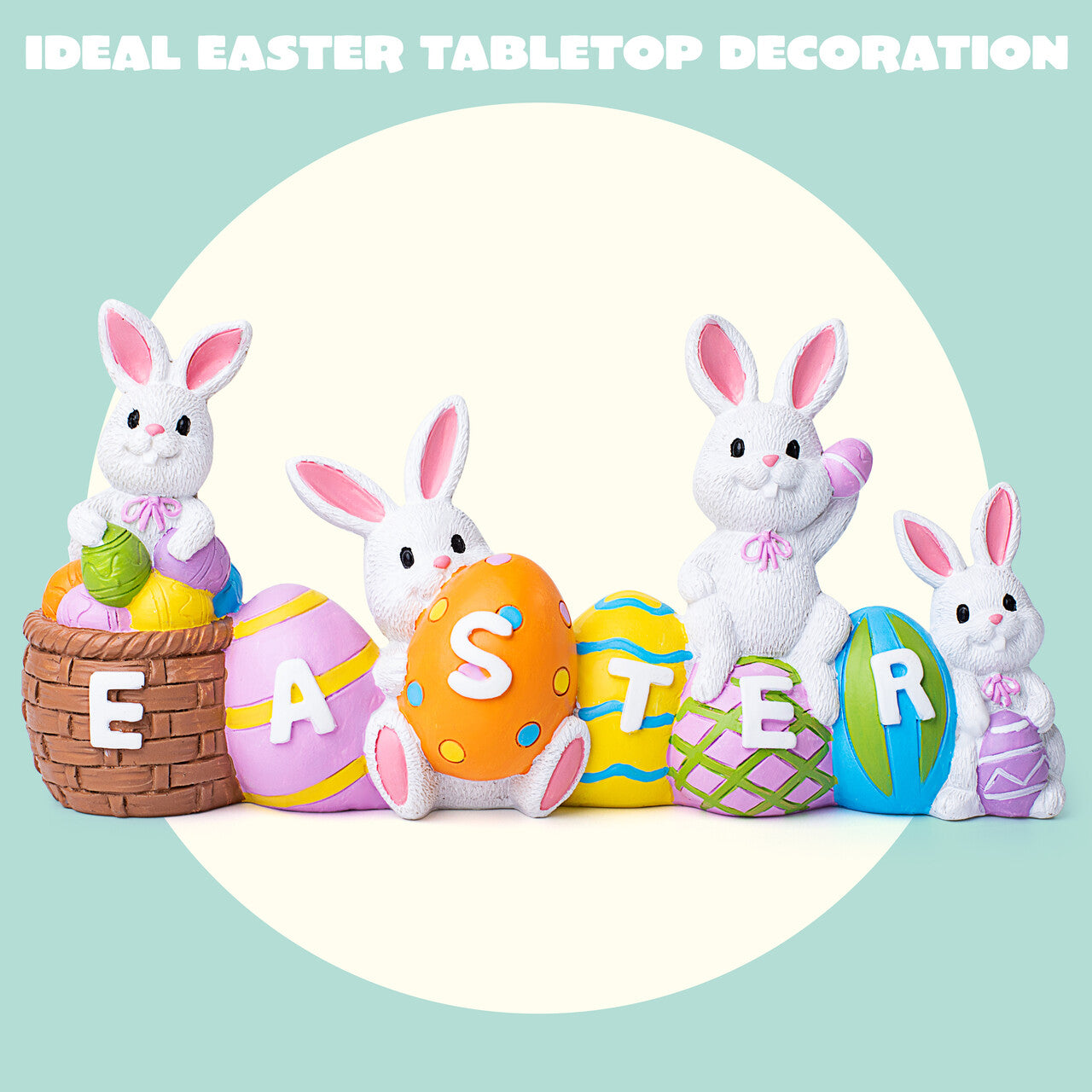 Syncfun Easter Bunny Eggs Resin Tabletop Centerpiece Decor, 4 Rabbits Bunny & Egg Home and Office Easter Figuring Decoration