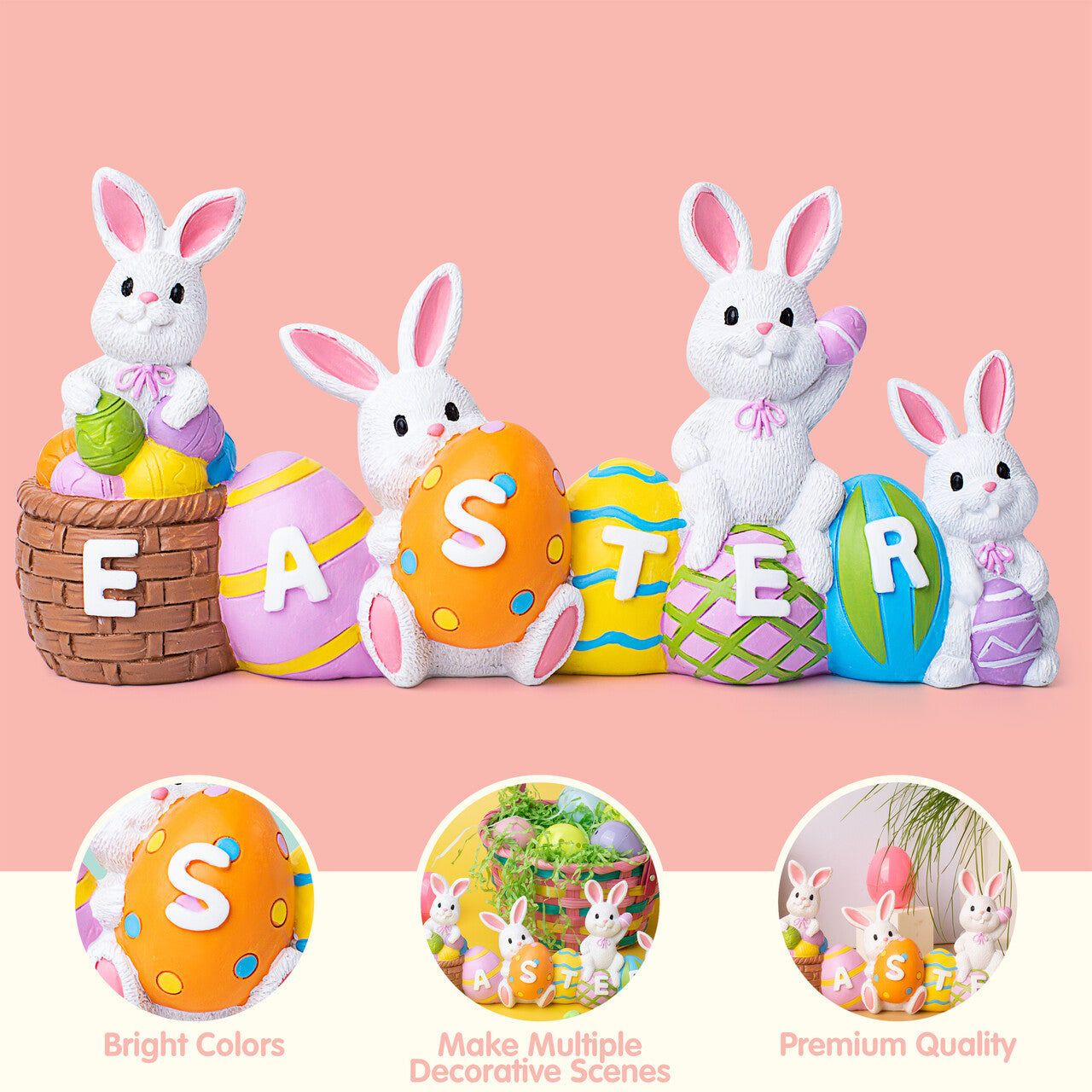 Syncfun Easter Bunny Eggs Resin Tabletop Centerpiece Decor, 4 Rabbits Bunny & Egg Home and Office Easter Figuring Decoration