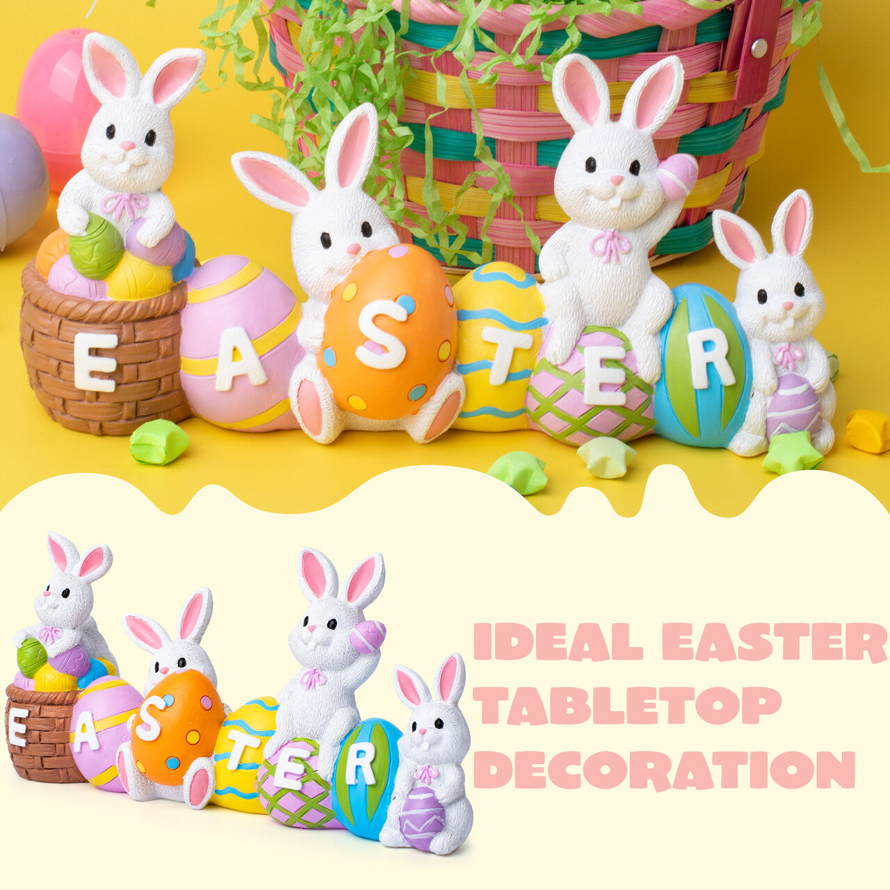 Syncfun Easter Bunny Eggs Resin Tabletop Centerpiece Decor, 4 Rabbits Bunny & Egg Home and Office Easter Figuring Decoration
