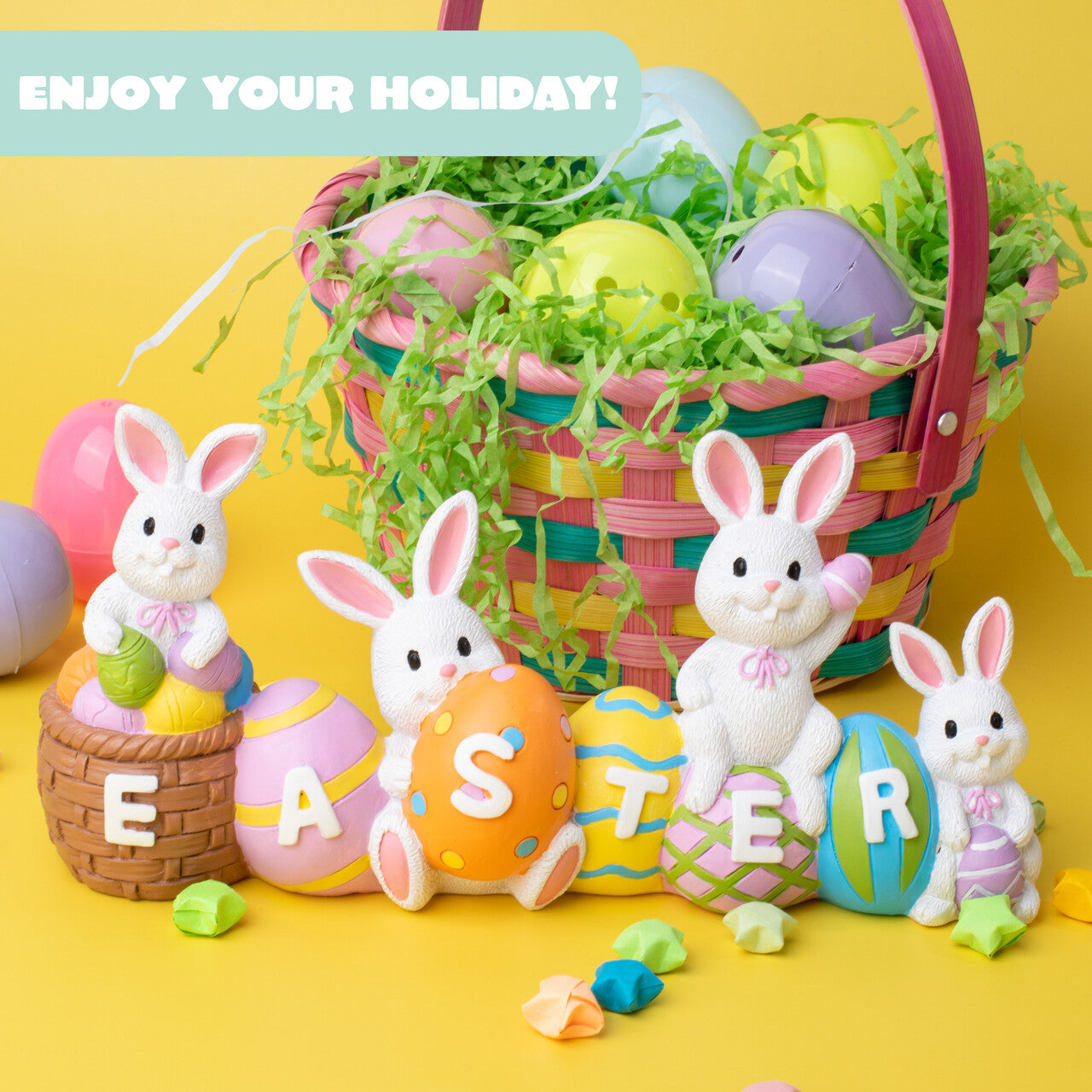 Syncfun Easter Bunny Eggs Resin Tabletop Centerpiece Decor, 4 Rabbits Bunny & Egg Home and Office Easter Figuring Decoration