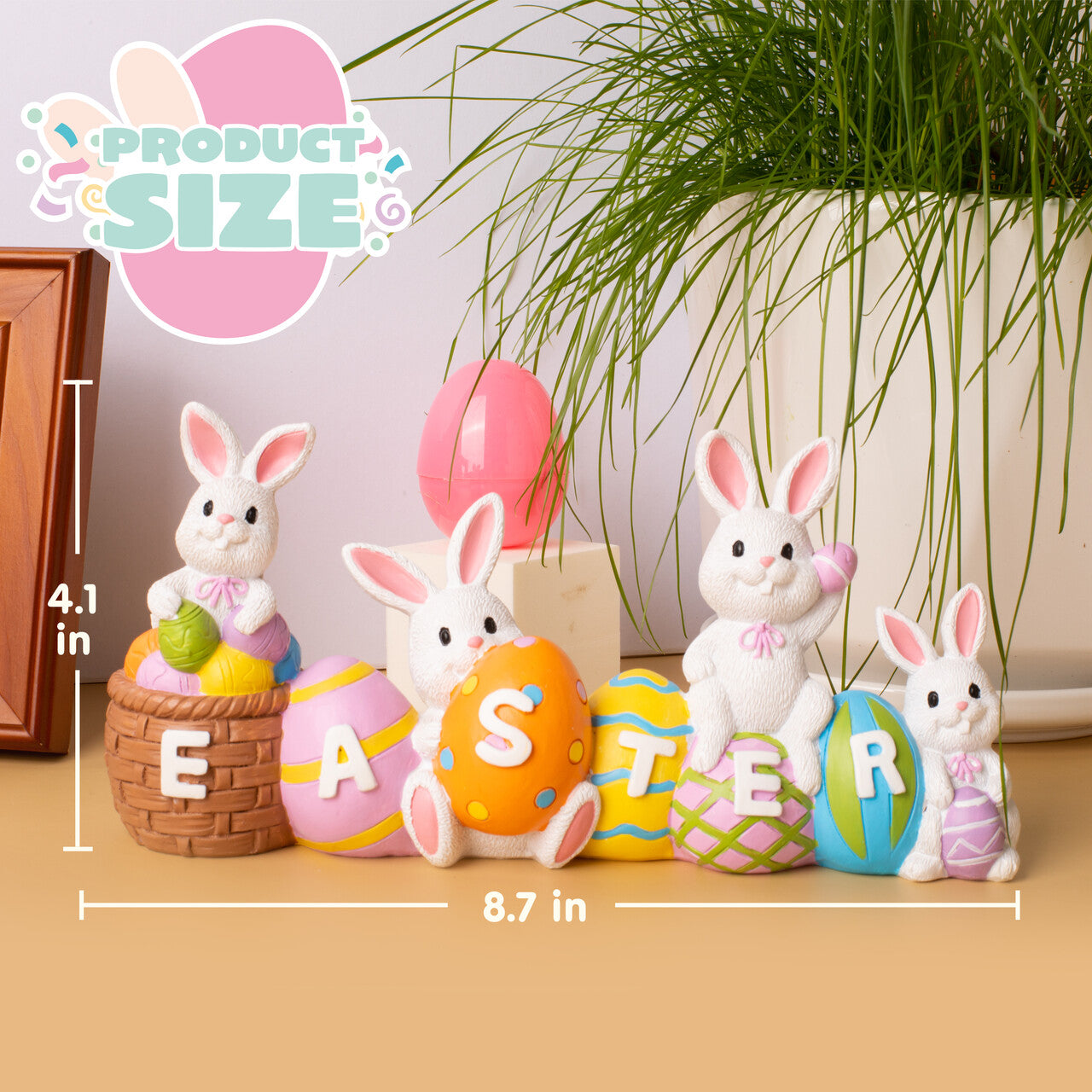 Syncfun Easter Bunny Eggs Resin Tabletop Centerpiece Decor, 4 Rabbits Bunny & Egg Home and Office Easter Figuring Decoration