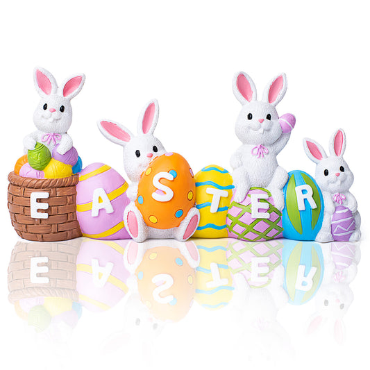 Syncfun Easter Bunny Eggs Resin Tabletop Centerpiece Decor, 4 Rabbits Bunny & Egg Home and Office Easter Figuring Decoration