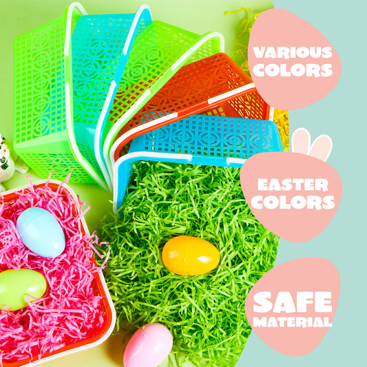 SYNCFUN 6 Pcs Plastic Easter Baskets with (60g) Tricolor Easter Fake Grass Paper Shred(Green,Yellow,Red), Large Easter Egg Baskets with Handles for Easter Egg Hunting, Easter Party Favors
