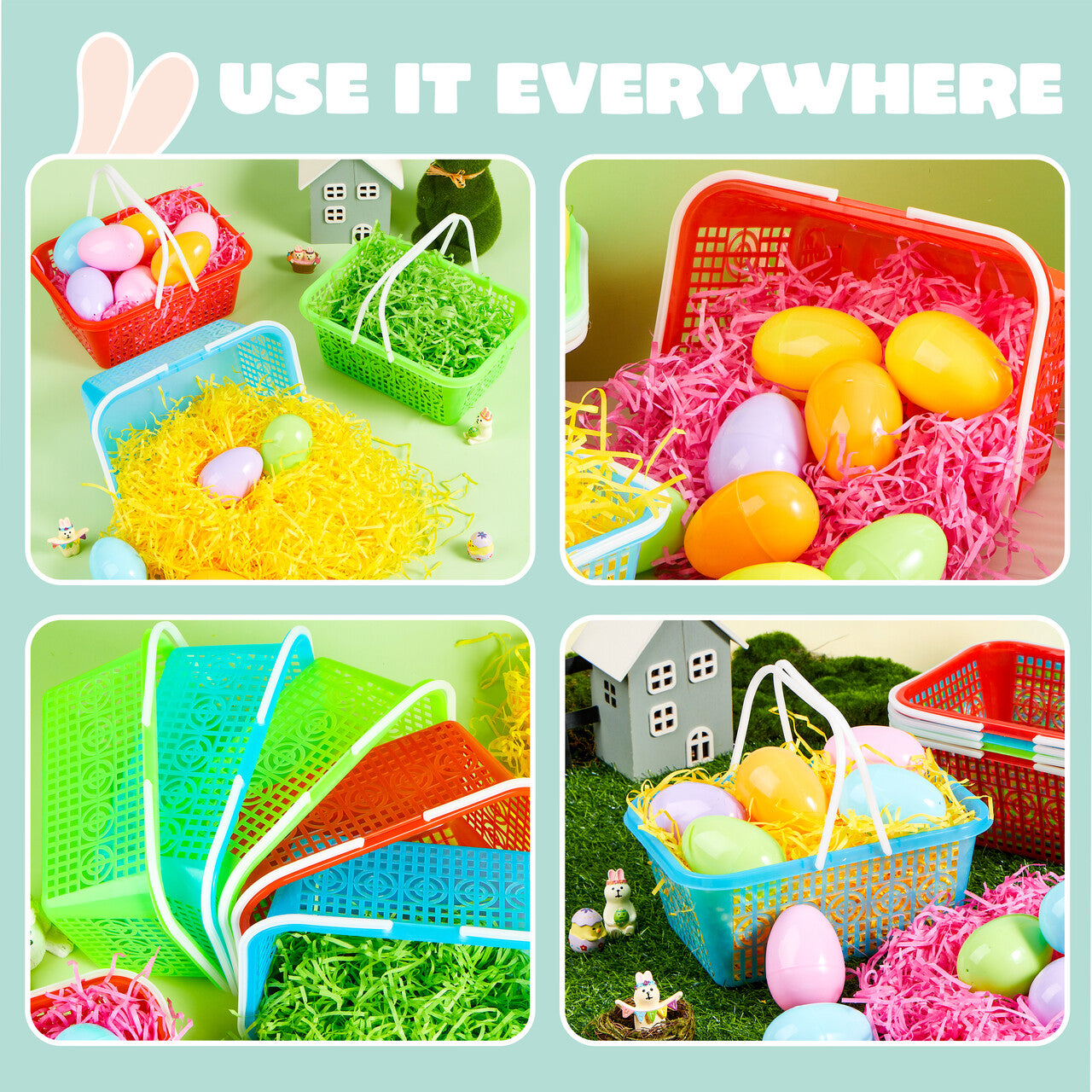 SYNCFUN 6 Pcs Plastic Easter Baskets with (60g) Tricolor Easter Fake Grass Paper Shred(Green,Yellow,Red), Large Easter Egg Baskets with Handles for Easter Egg Hunting, Easter Party Favors