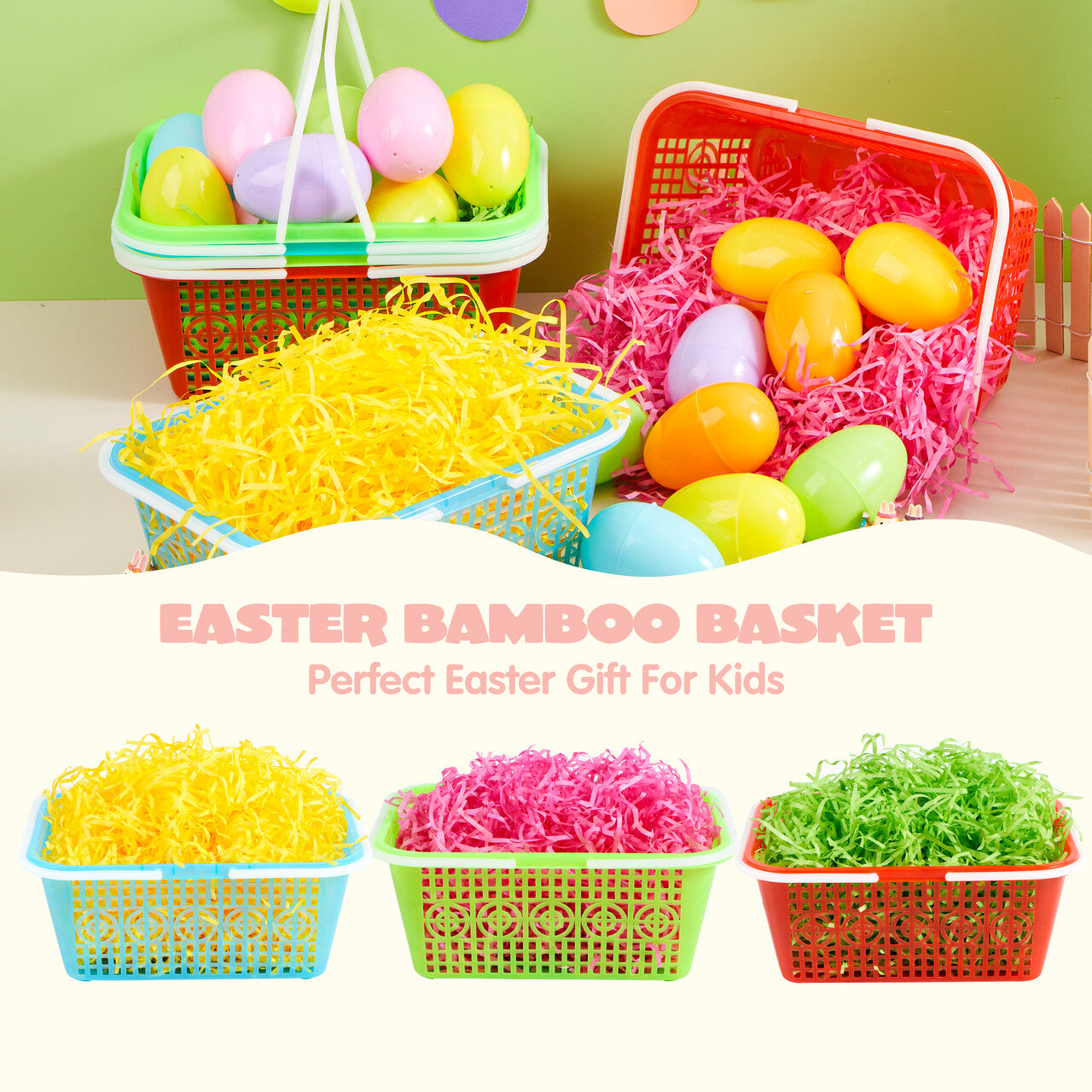 SYNCFUN 6 Pcs Plastic Easter Baskets with (60g) Tricolor Easter Fake Grass Paper Shred(Green,Yellow,Red), Large Easter Egg Baskets with Handles for Easter Egg Hunting, Easter Party Favors