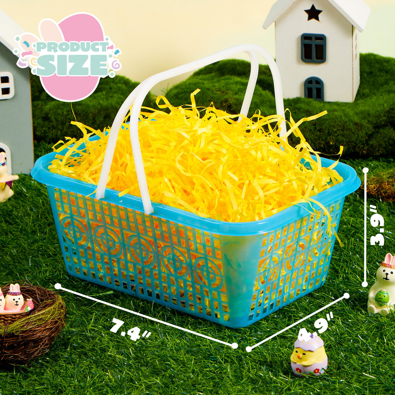 SYNCFUN 6 Pcs Plastic Easter Baskets with (60g) Tricolor Easter Fake Grass Paper Shred(Green,Yellow,Red), Large Easter Egg Baskets with Handles for Easter Egg Hunting, Easter Party Favors