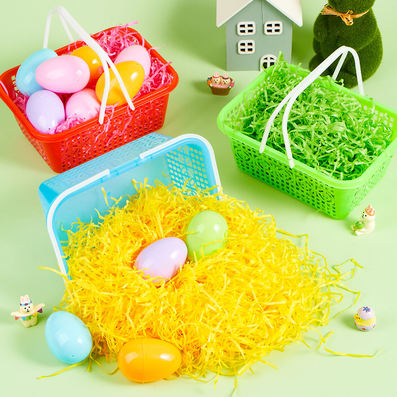 SYNCFUN 6 Pcs Plastic Easter Baskets with (60g) Tricolor Easter Fake Grass Paper Shred(Green,Yellow,Red), Large Easter Egg Baskets with Handles for Easter Egg Hunting, Easter Party Favors