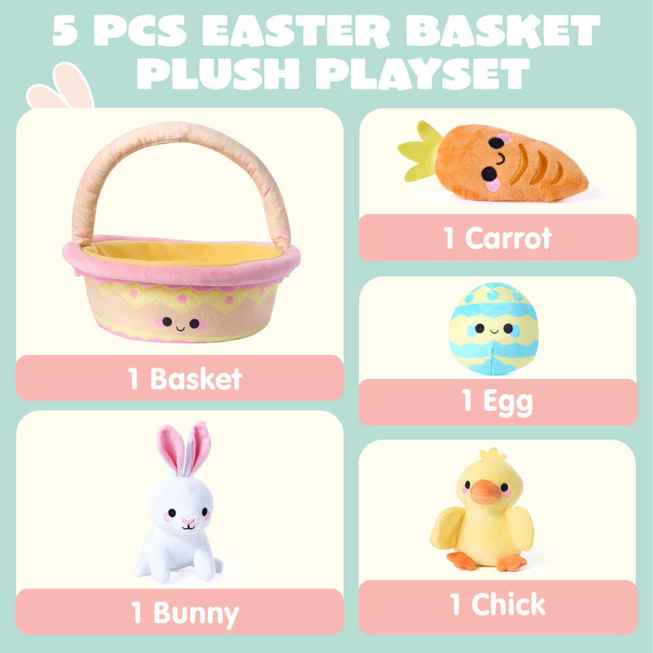 JOYFY 5 Easter Basket Plush Toy Set, filled with rabbit, egg, and carrot baskets, pre filled with animal fillers