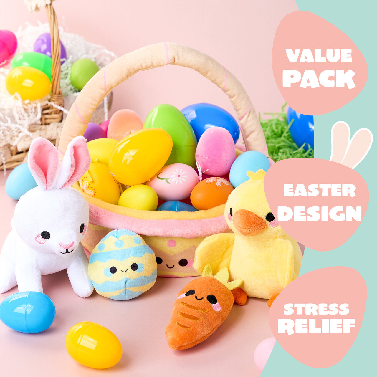JOYFY 5 Easter Basket Plush Toy Set, filled with rabbit, egg, and carrot baskets, pre filled with animal fillers
