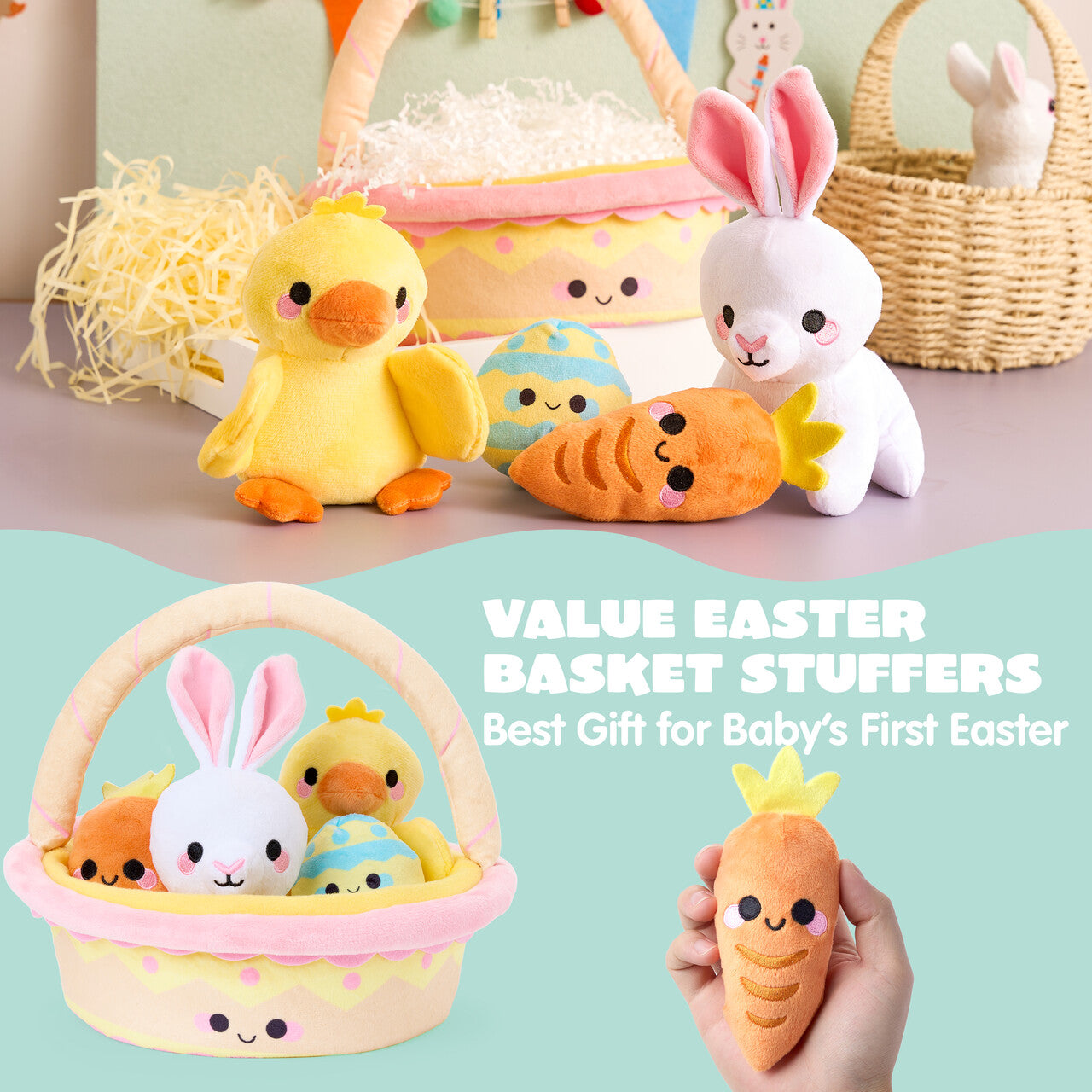 JOYFY 5 Easter Basket Plush Toy Set, filled with rabbit, egg, and carrot baskets, pre filled with animal fillers
