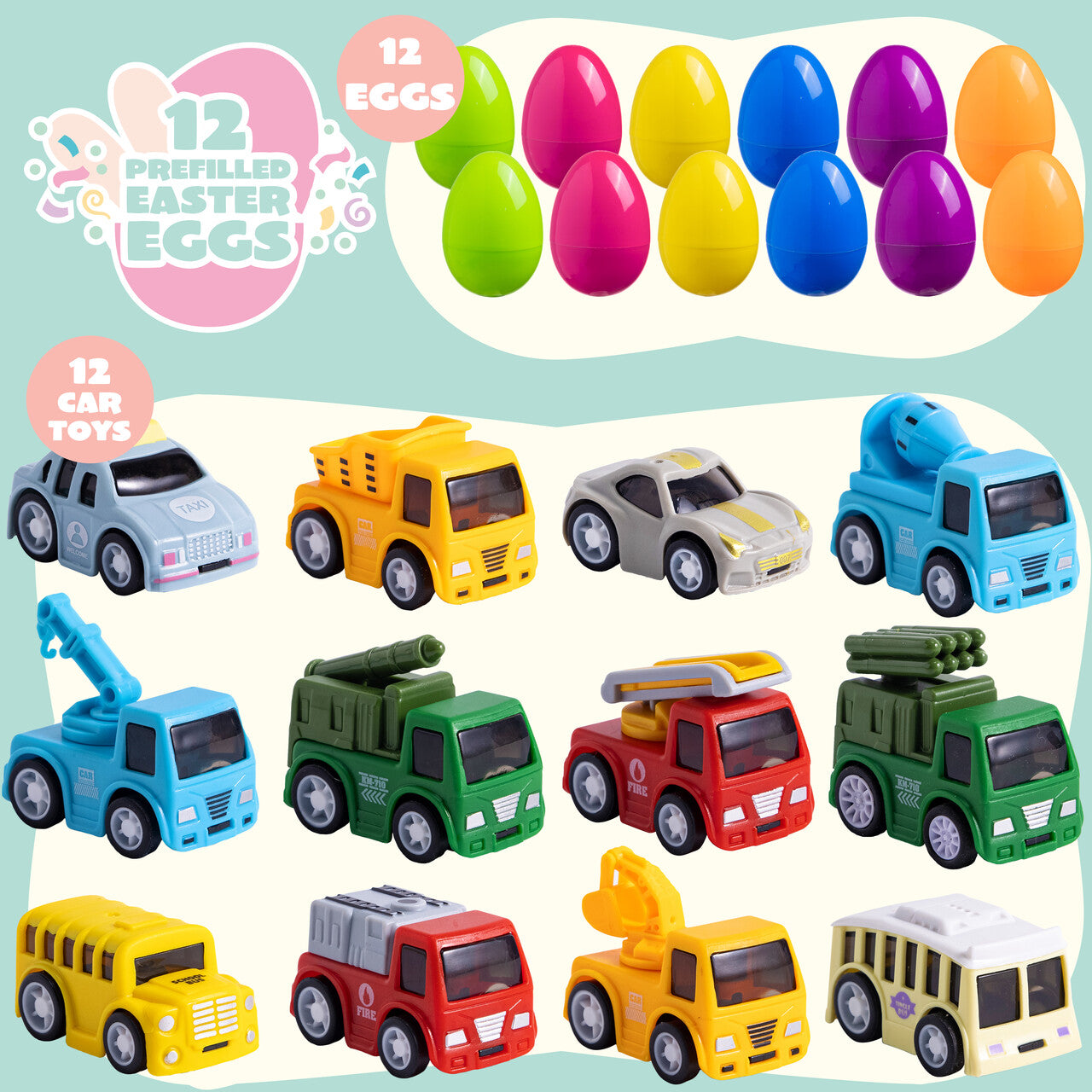 JOYFY 12 Packs Cars Filled Easter Eggs,Easter Eggs with Toys Inside,Birthday Party Favors for Boys and Girls,Basket Stuffers