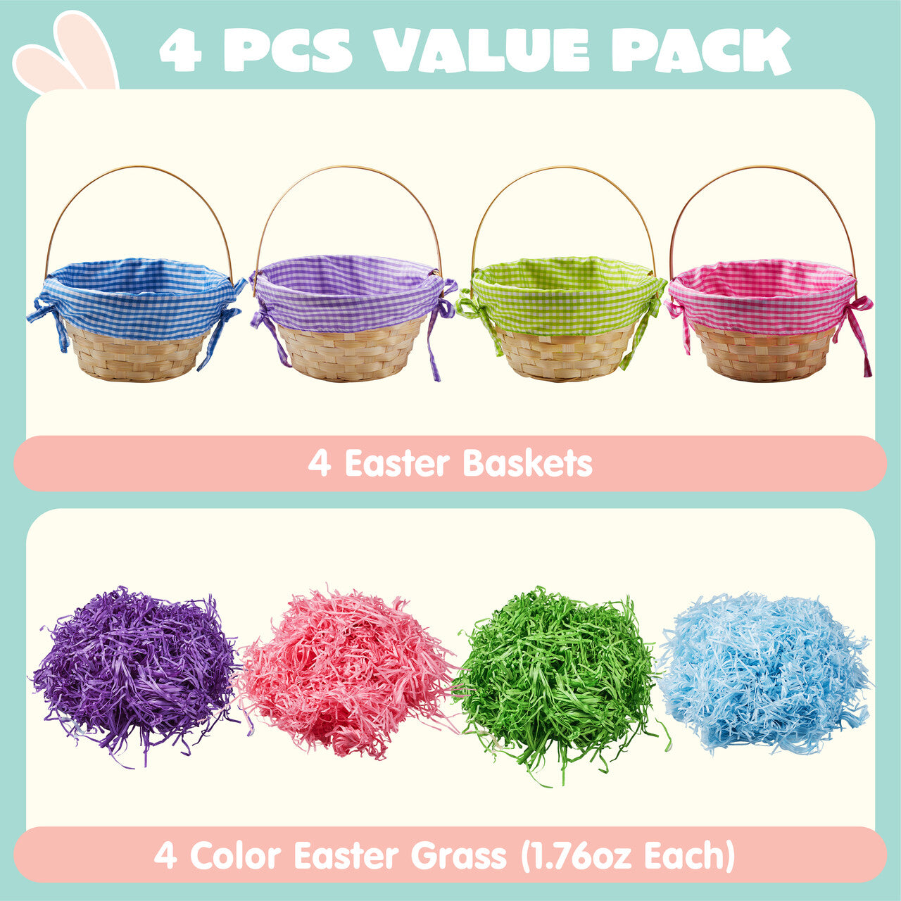 JOYFY 4 Easter Gift Woven Basket with Handle and Easter Papyrus Silk in 4 Colors for Easter Egg Hunting