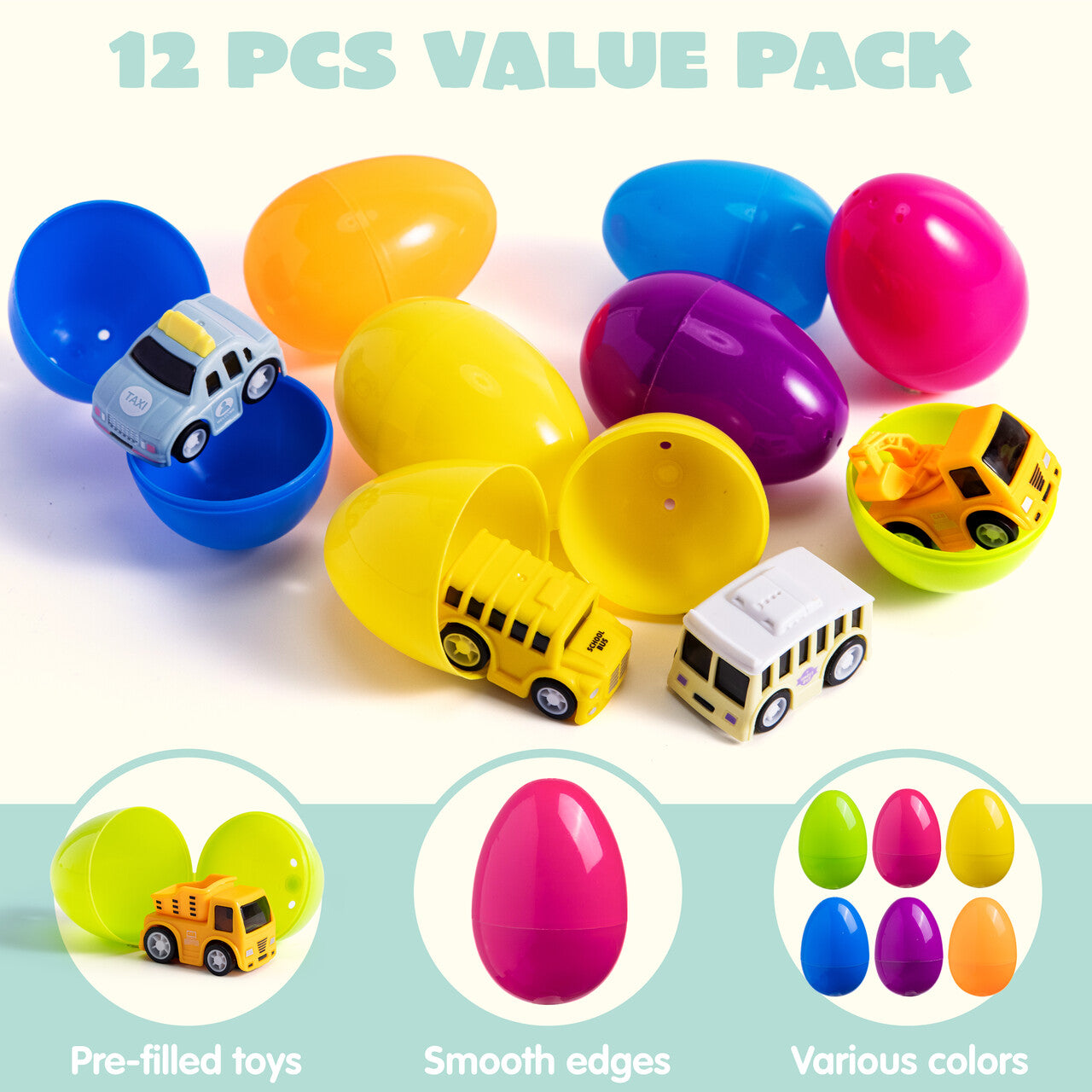 JOYFY 12 Packs Cars Filled Easter Eggs,Easter Eggs with Toys Inside,Birthday Party Favors for Boys and Girls,Basket Stuffers