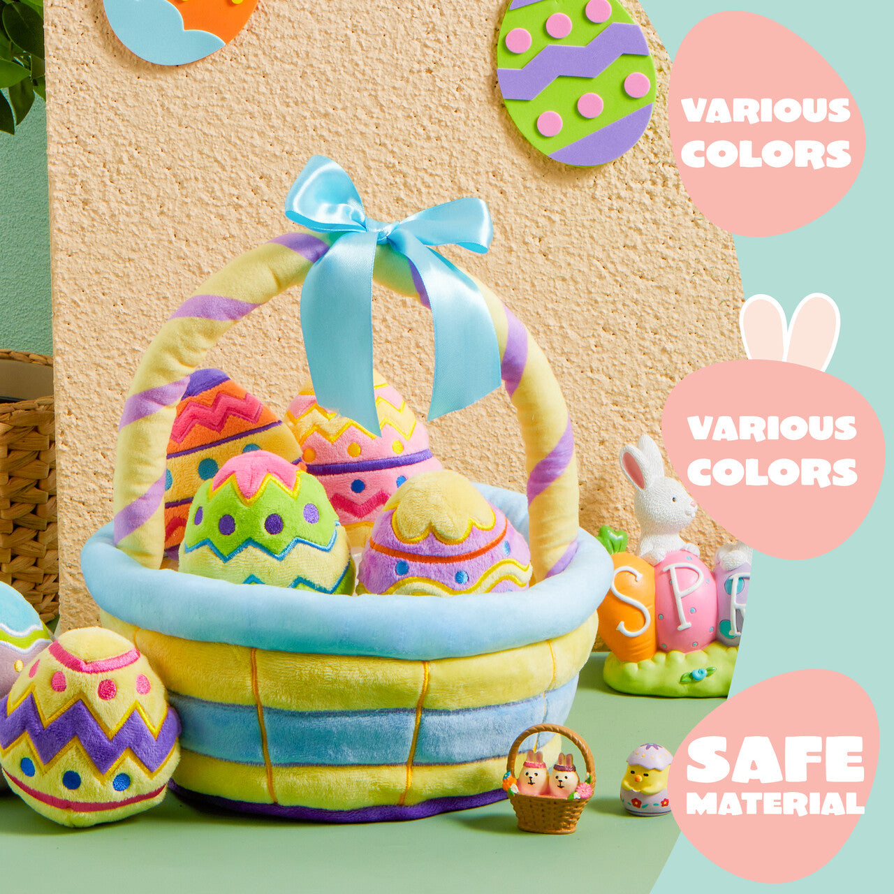SYNCFUN 7 Pcs Easter Basket,Easter Basket Stuffers for Baby Toddlers Easter Egg Hunt,Easter Basket Fillers Soft Plush Toys for Kids Birthday Gifts
