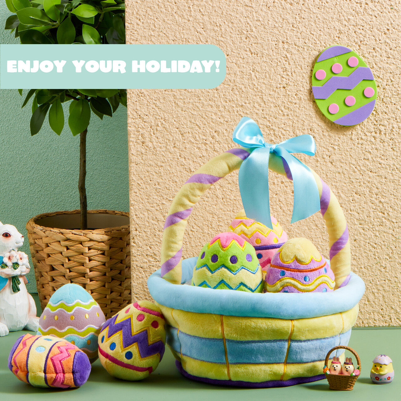 SYNCFUN 7 Pcs Easter Basket,Easter Basket Stuffers for Baby Toddlers Easter Egg Hunt,Easter Basket Fillers Soft Plush Toys for Kids Birthday Gifts