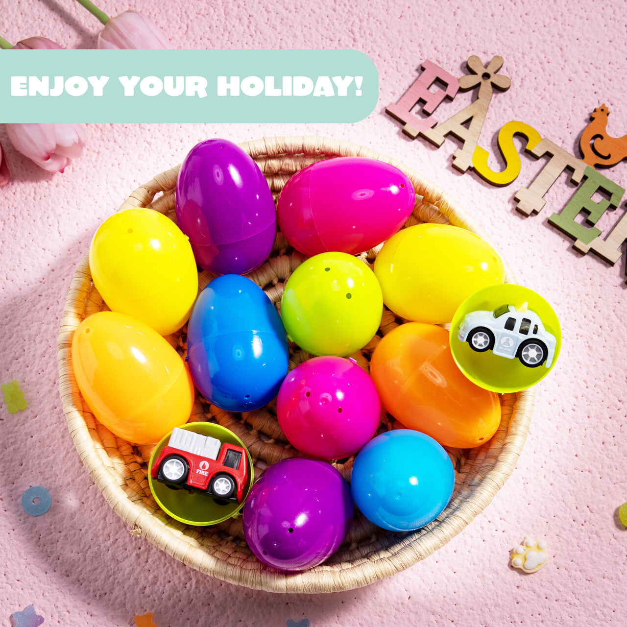 JOYFY 12 Packs Cars Filled Easter Eggs,Easter Eggs with Toys Inside,Birthday Party Favors for Boys and Girls,Basket Stuffers
