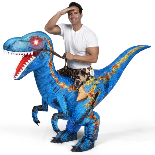 Joyfy Halloween Adult Inflatable Dinosaur Costume, Ride-On Raptor, Blue Digital Printed Tyrannosaurus Rex Air Blown Ride-On Halloween Costume with  Light Eyes