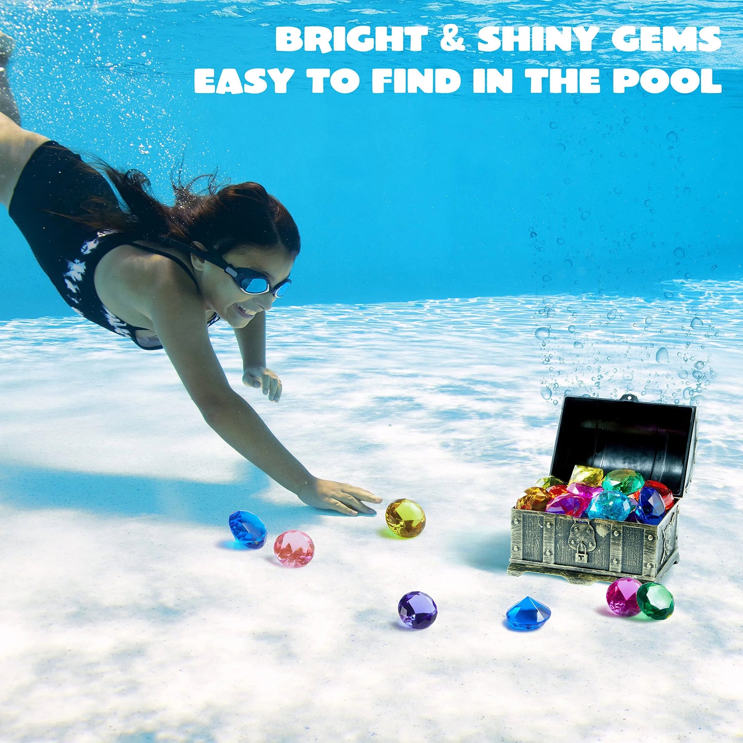 Syncfun Diving Gems Pool Toys,16 Big Colorful Diamonds with Pirate Treasure Chest,Swim Dive Diving Toy