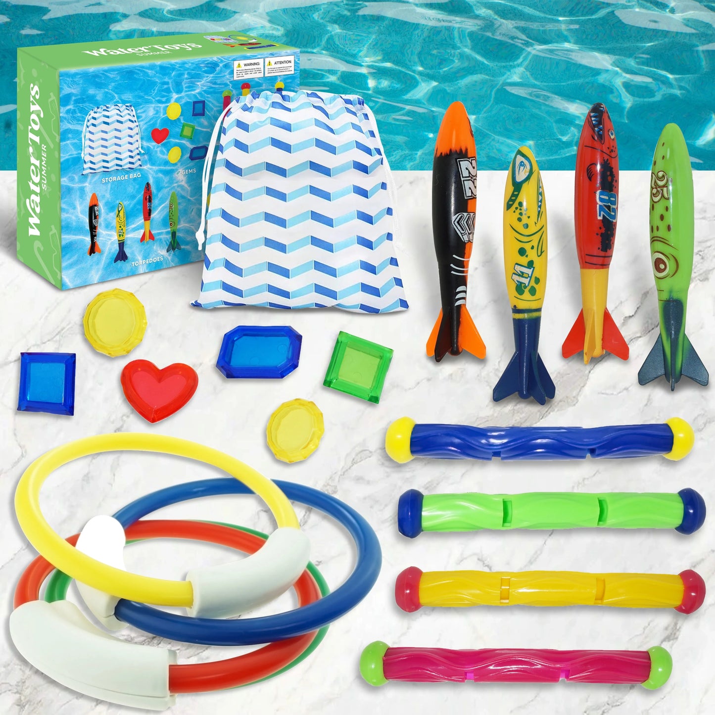 Syncfun 18 Pcs Diving Pool Toys for Kids, Swimming Pool Toy with Storage Bag, Underwater Swim Pool Games for Ages 8-12