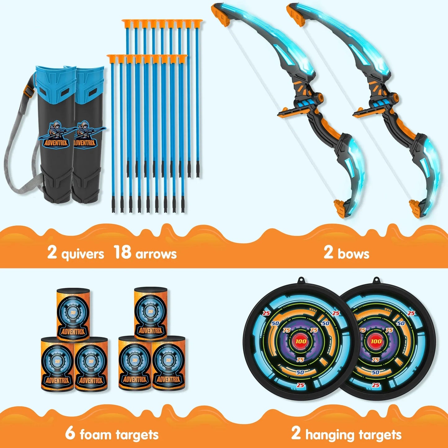 Syncfun 2 Pack Archery Set for Kids, Light Up Bow and Arrow Set with 2 Luminous Bows, 18 Suction Cups Arrows, 6 Targets and 2 Quivers