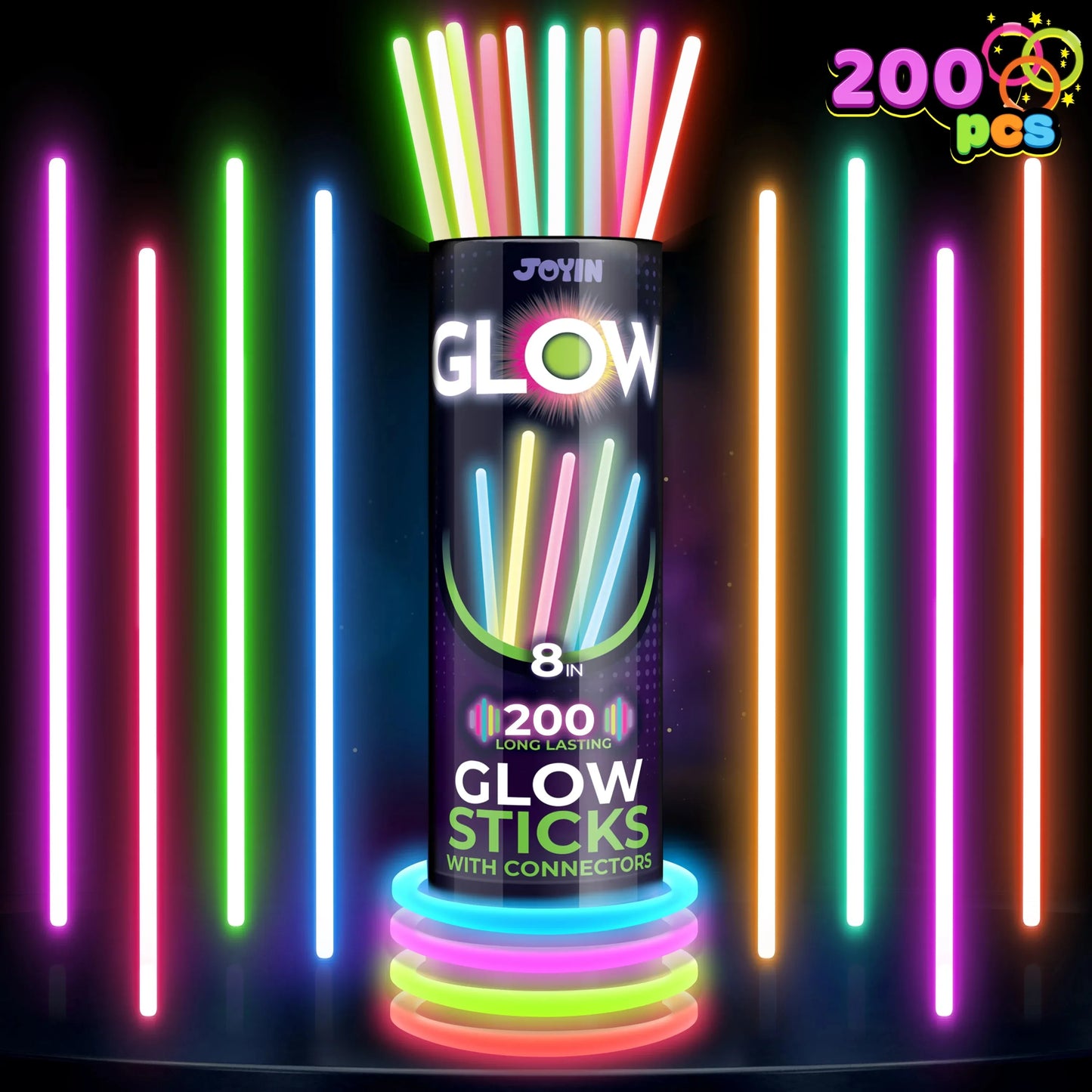 Syncfun 200 Pcs Glow Sticks Bulk 8" Bracelets Necklaces Glow in the Dark Neon Party Glowsticks Super Bright Light Up Party Favors for Halloween Christmas Easter