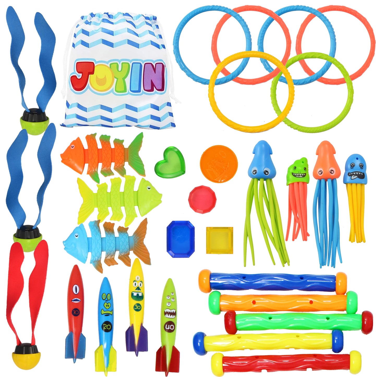 JOYIN Clearance 30 Pcs Diving Pool Toys for Kids,Jumbo Set with Storage Bag Pool Games Summer Swim Water Fish Toys