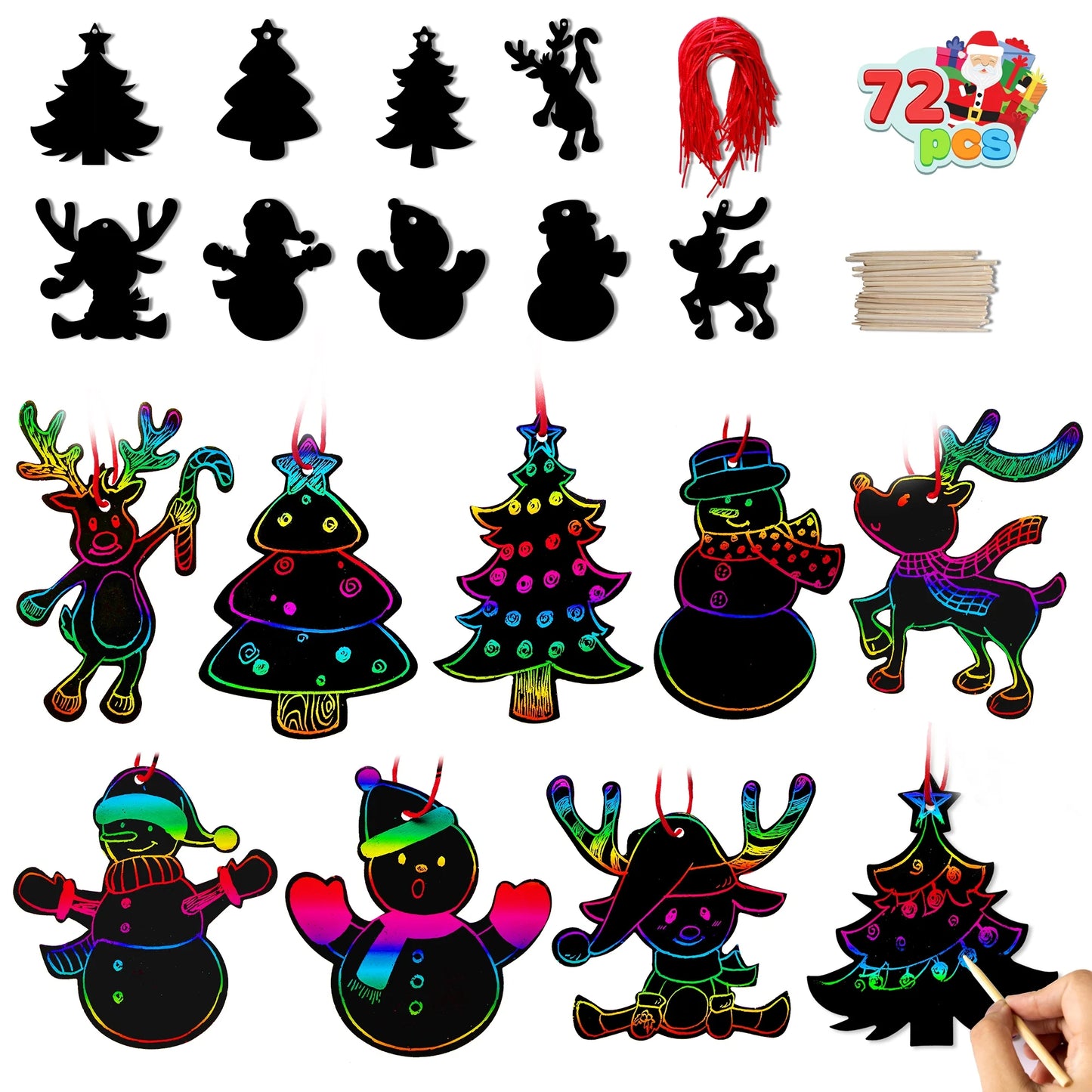 Syncfun 72 Pcs Christmas Scratch Art Ornaments, Rainbow Color Scratch Paper Craft Kit Scratch Off Hanging Ornament for Kids Christmas Party Favor