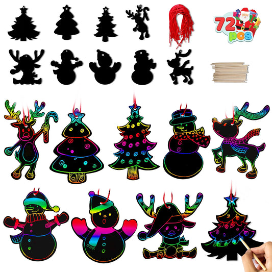 Syncfun 72 Pcs Christmas Scratch Art Ornaments, Rainbow Color Scratch Paper Craft Kit Scratch Off Hanging Ornament for Kids Christmas Party Favor